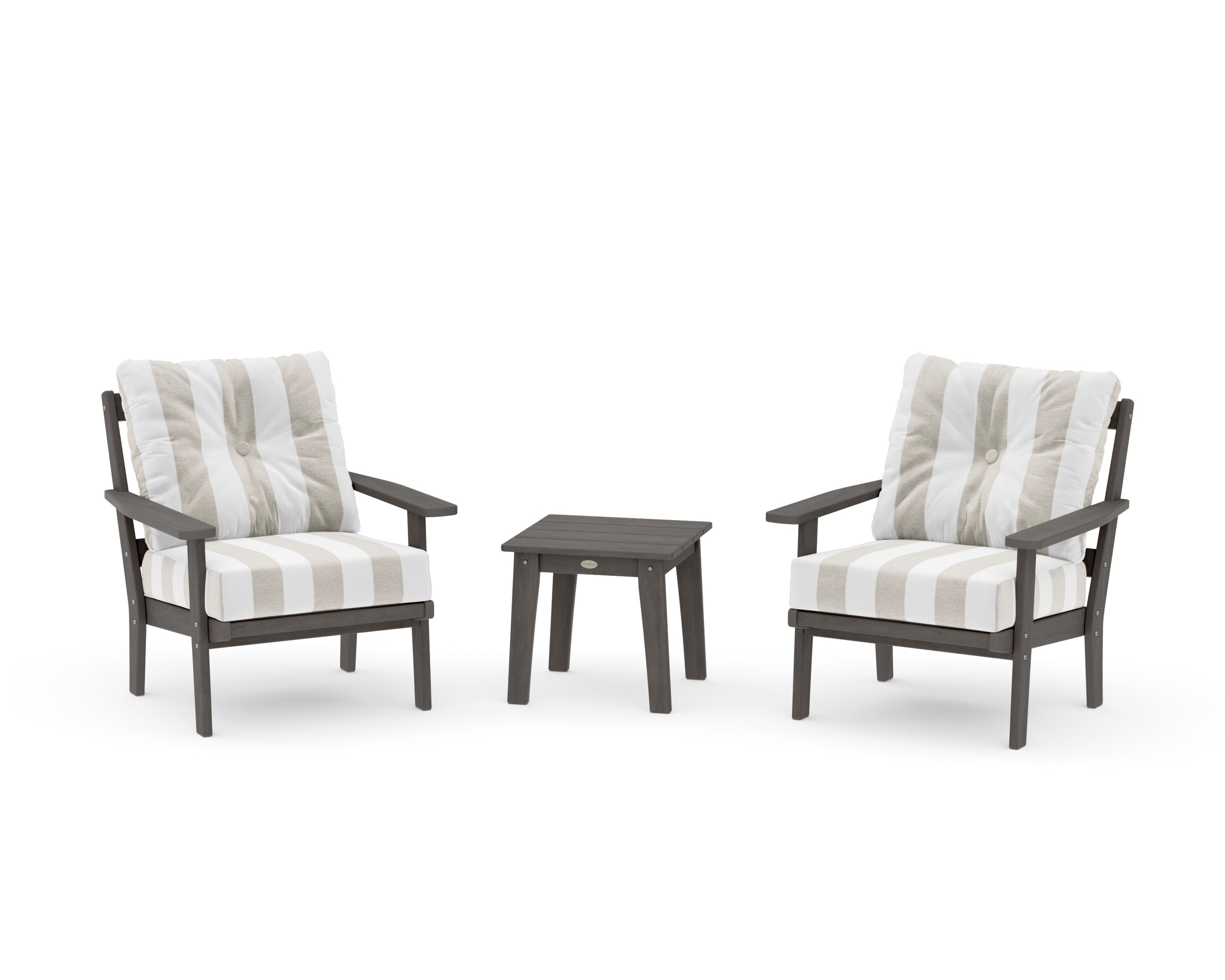 Prairie 3-Piece Deep Seating Set in Driftwood / Cabana Stripe Dune Burlap