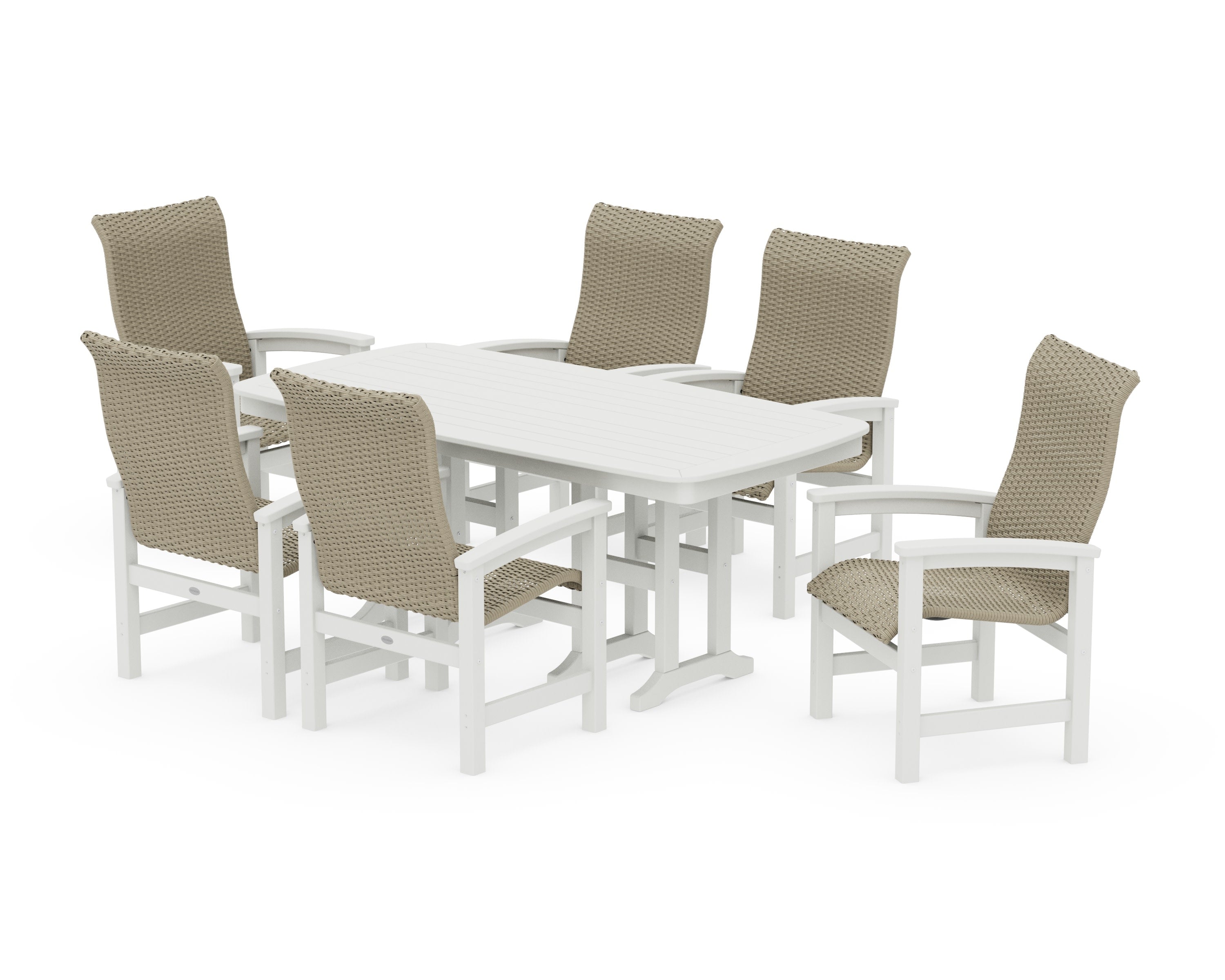 Coastal Woven High-Back Arm Chair 7-Piece Dining Set in White / Dune Grass