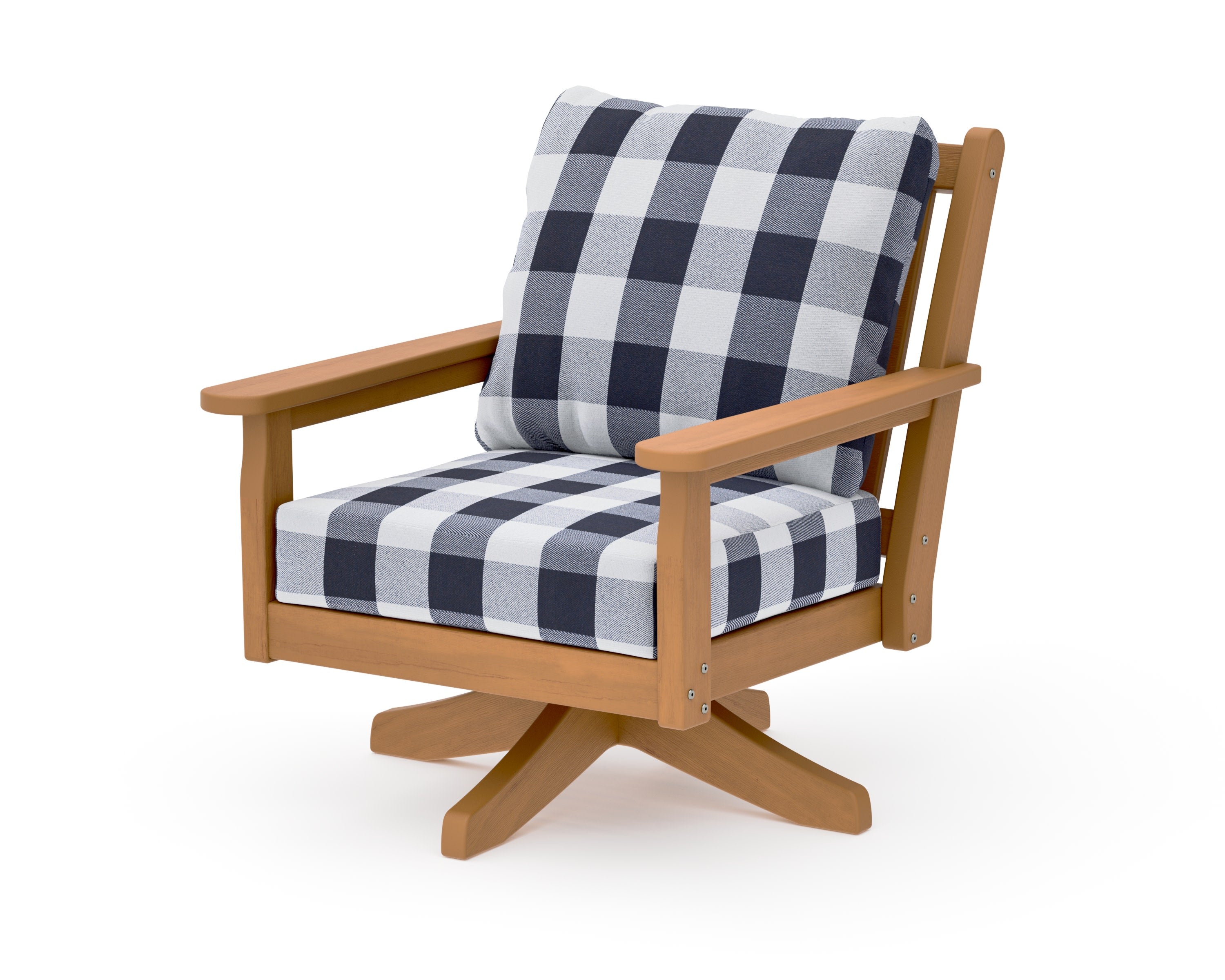 Chippendale Deep Seating Swivel Chair in Natural / Buffalo Plaid Navy