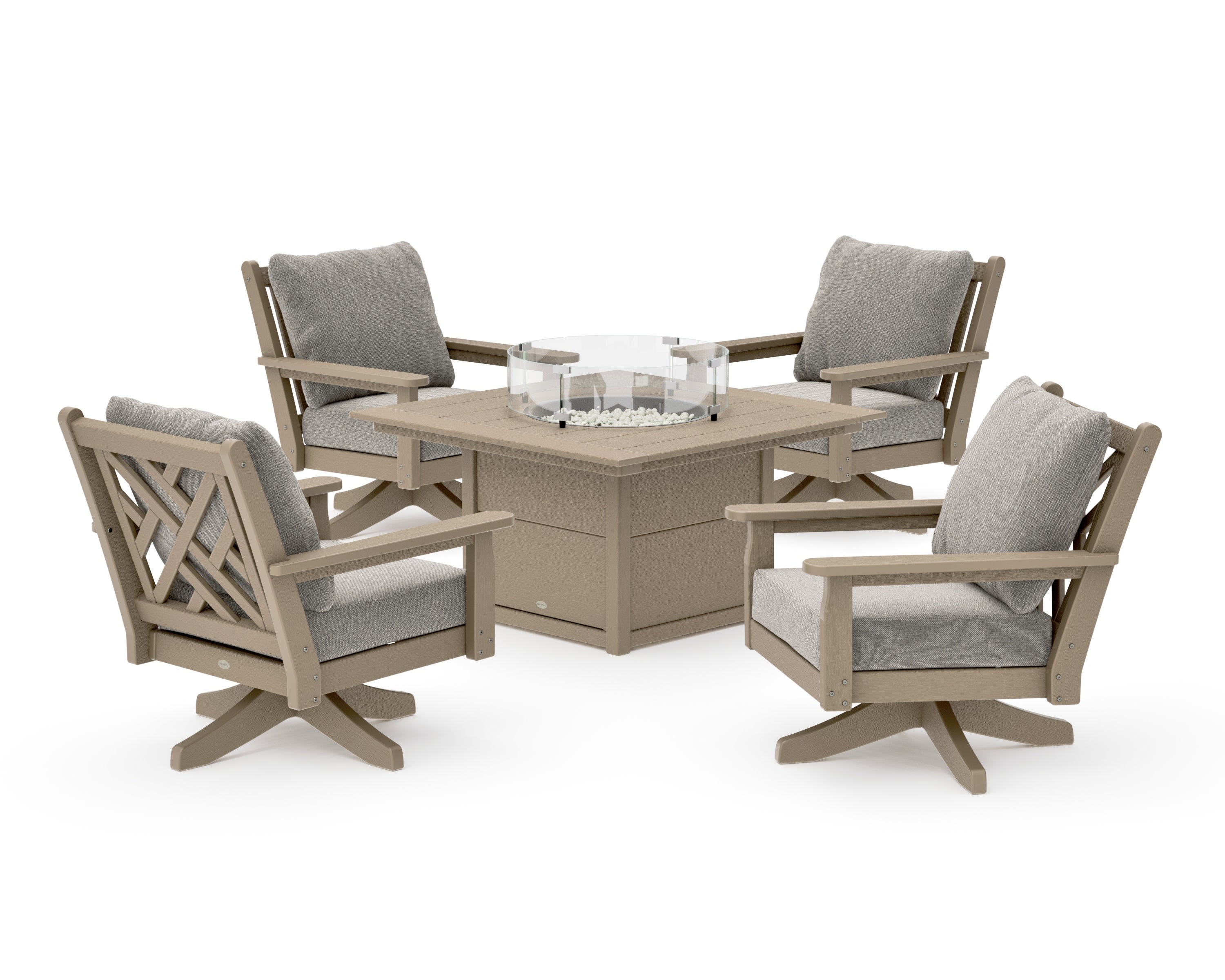 Chippendale 5-Piece Deep Seating Swivel Conversation Set with Fire Pit Table in Vintage Sahara / Weathered Tweed