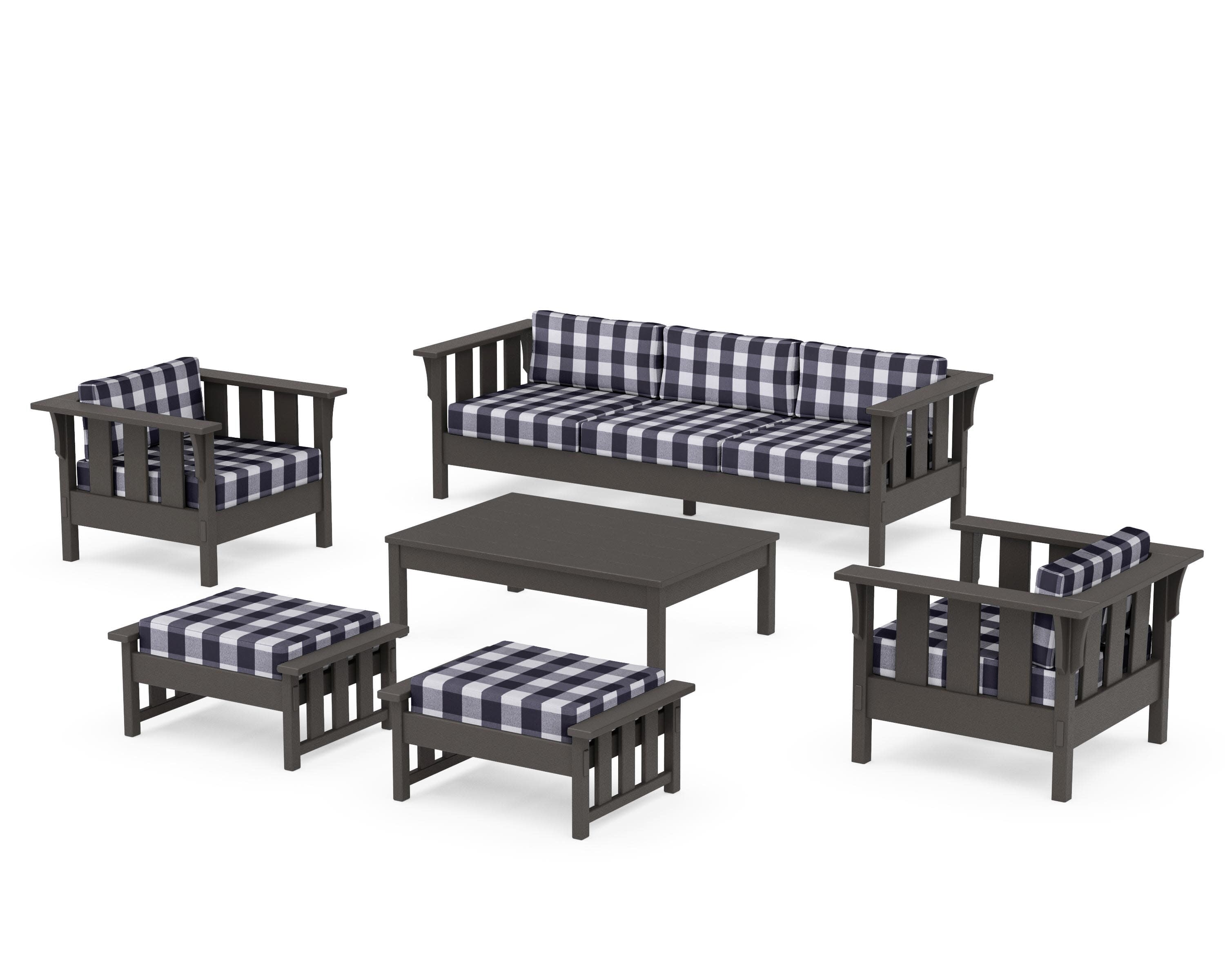 Acadia 6-Piece Lounge Sofa Set in Vintage Coffee / Buffalo Plaid Navy