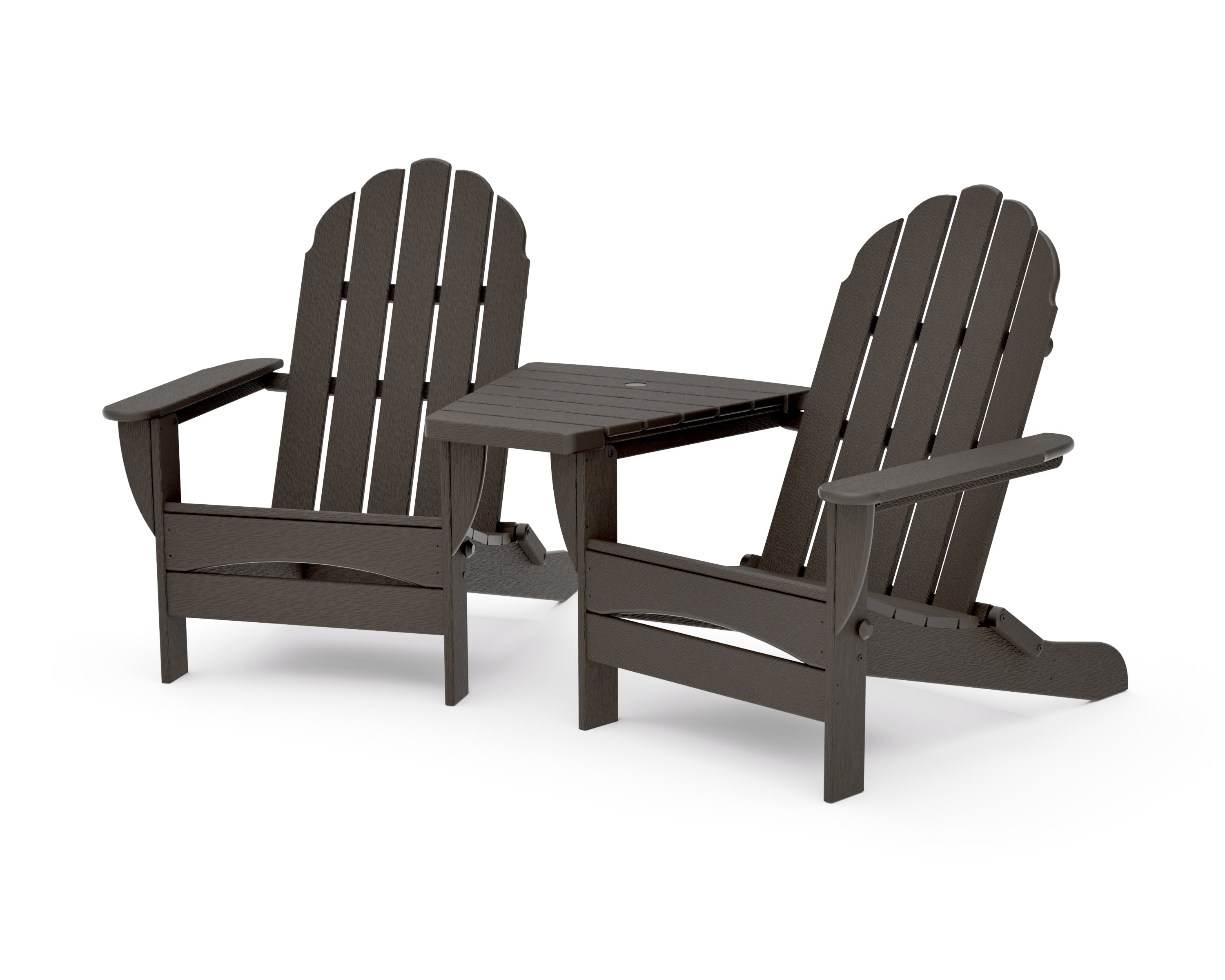Classic Oversized Adirondacks with Angled Connecting Table in Vintage Coffee