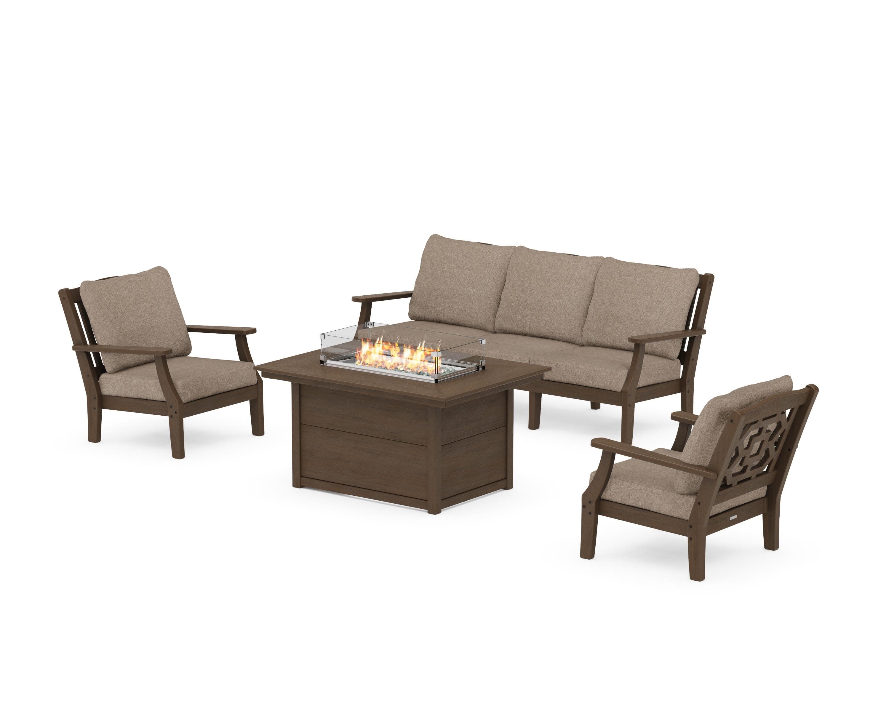 Chinoiserie Deep Seating Fire Pit Table Set in Kona / Spiced Burlap