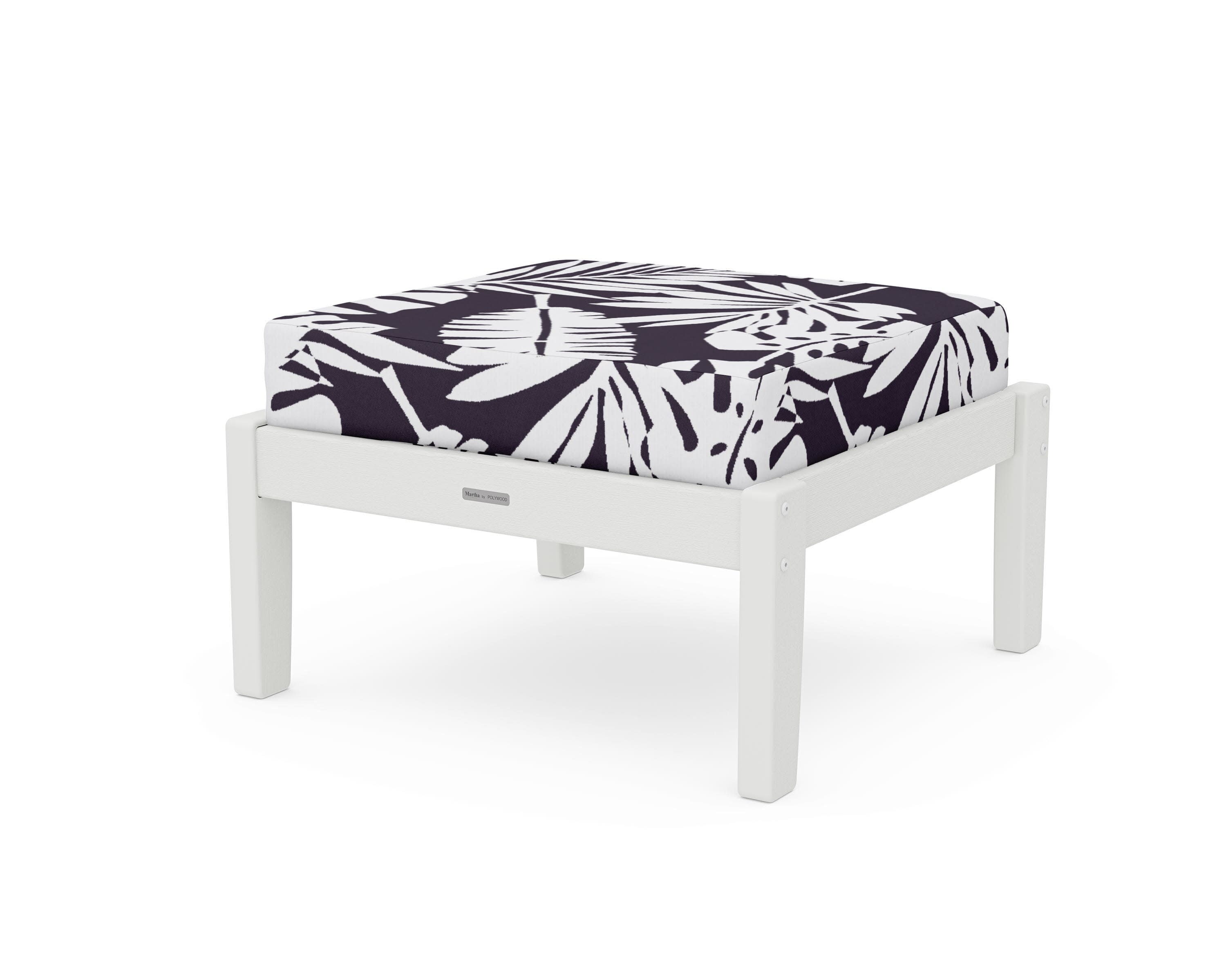 Chinoiserie Deep Seating Ottoman in Vintage White / Leaf Navy