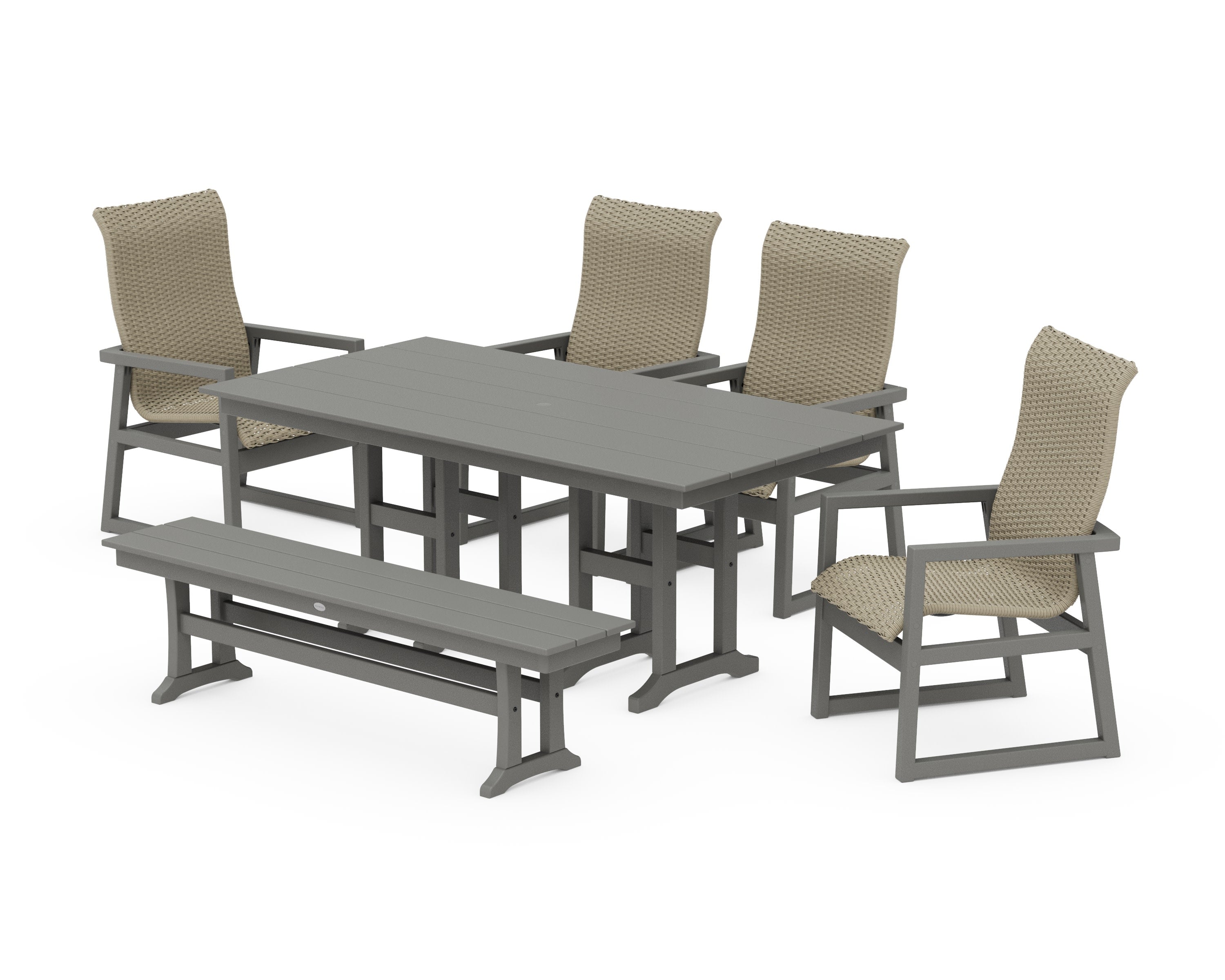 EDGE Woven Highback 6-Piece Farmhouse Dining Set with Bench in Slate Grey / Dune Grass