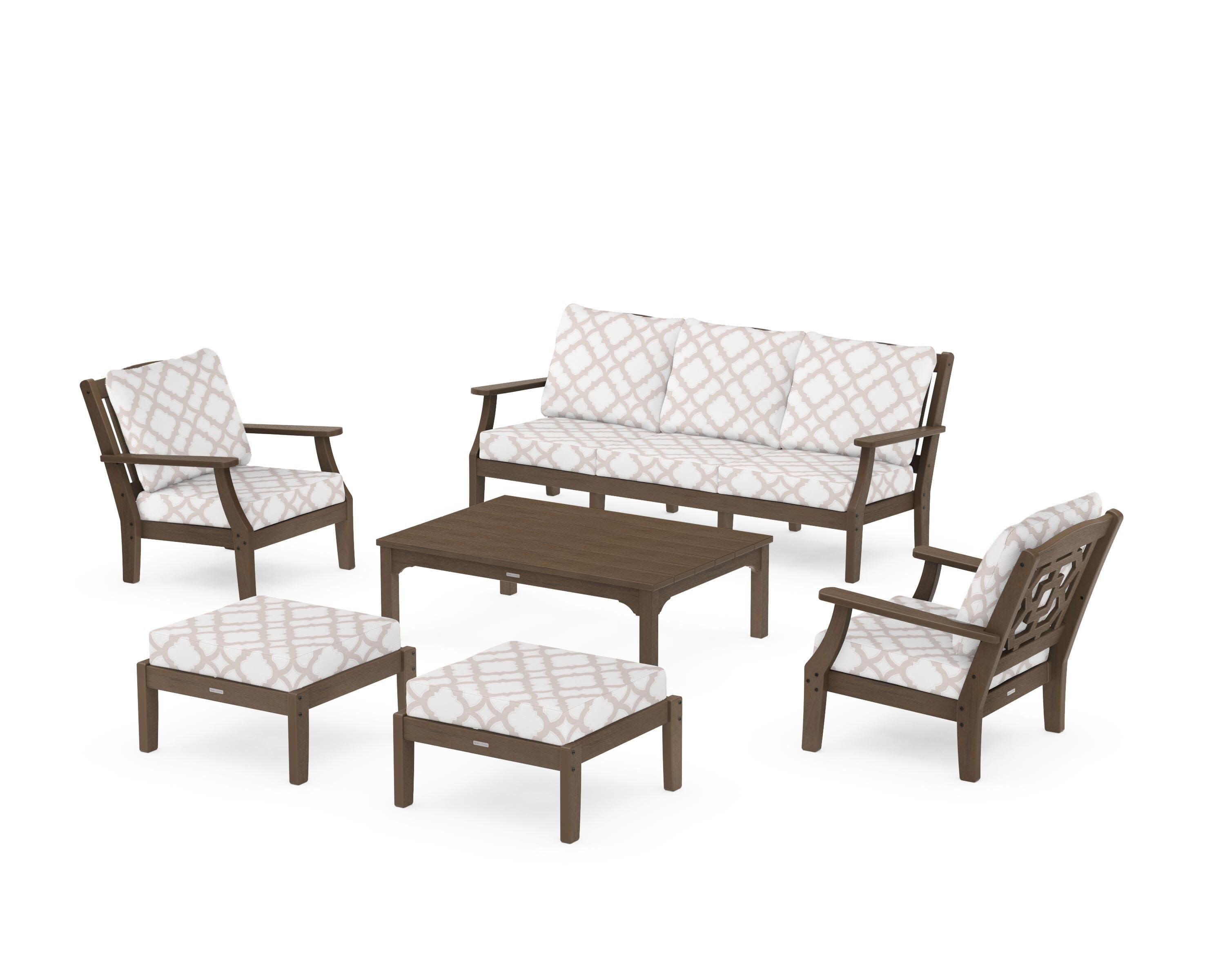 Chinoiserie 6-Piece Lounge Sofa Set in Kona / Trellis Dune Burlap