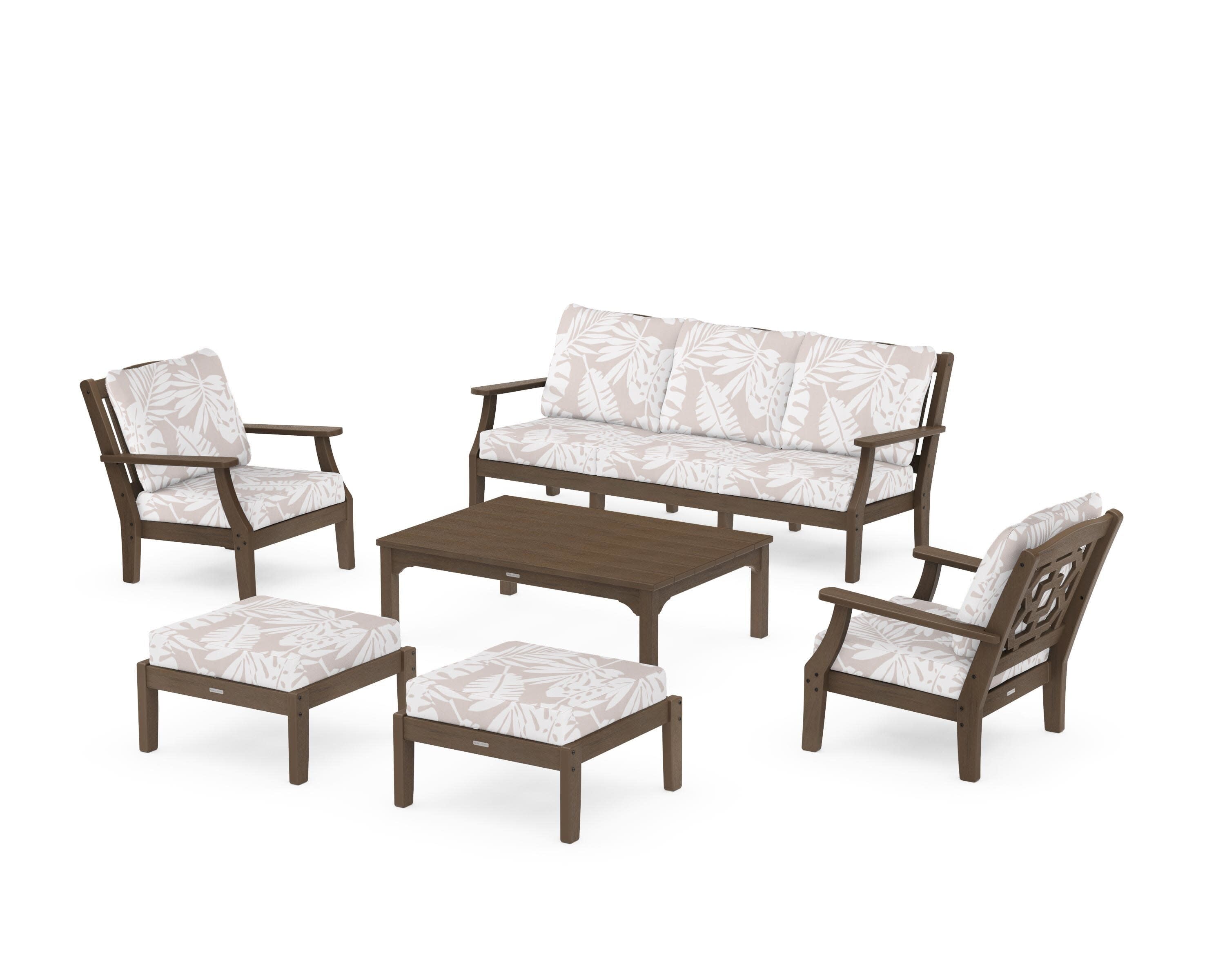 Chinoiserie 6-Piece Lounge Sofa Set in Kona / Leaf Dune Burlap