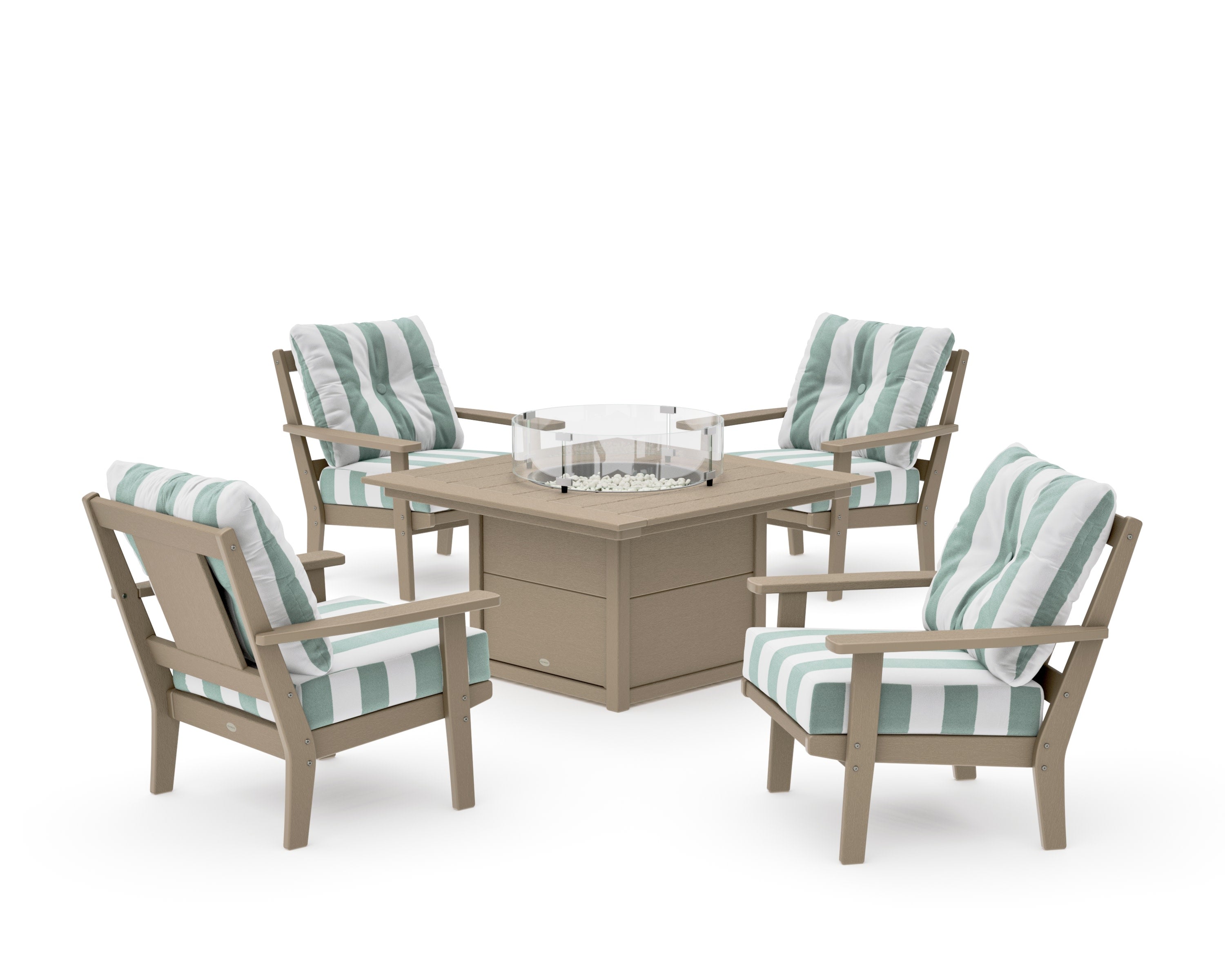 Prairie 5-Piece Deep Seating Set with Fire Pit Table in Vintage Sahara / Cabana Stripe Glacier Spa
