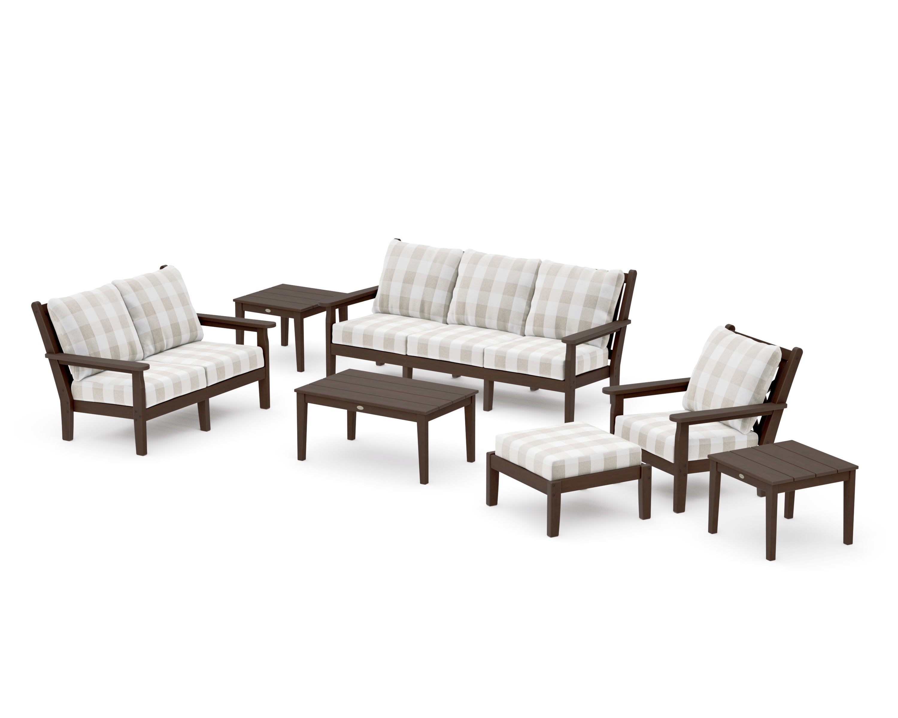 Chippendale 7-Piece Deep Seating Set in Kona / Buffalo Plaid Dune Burlap