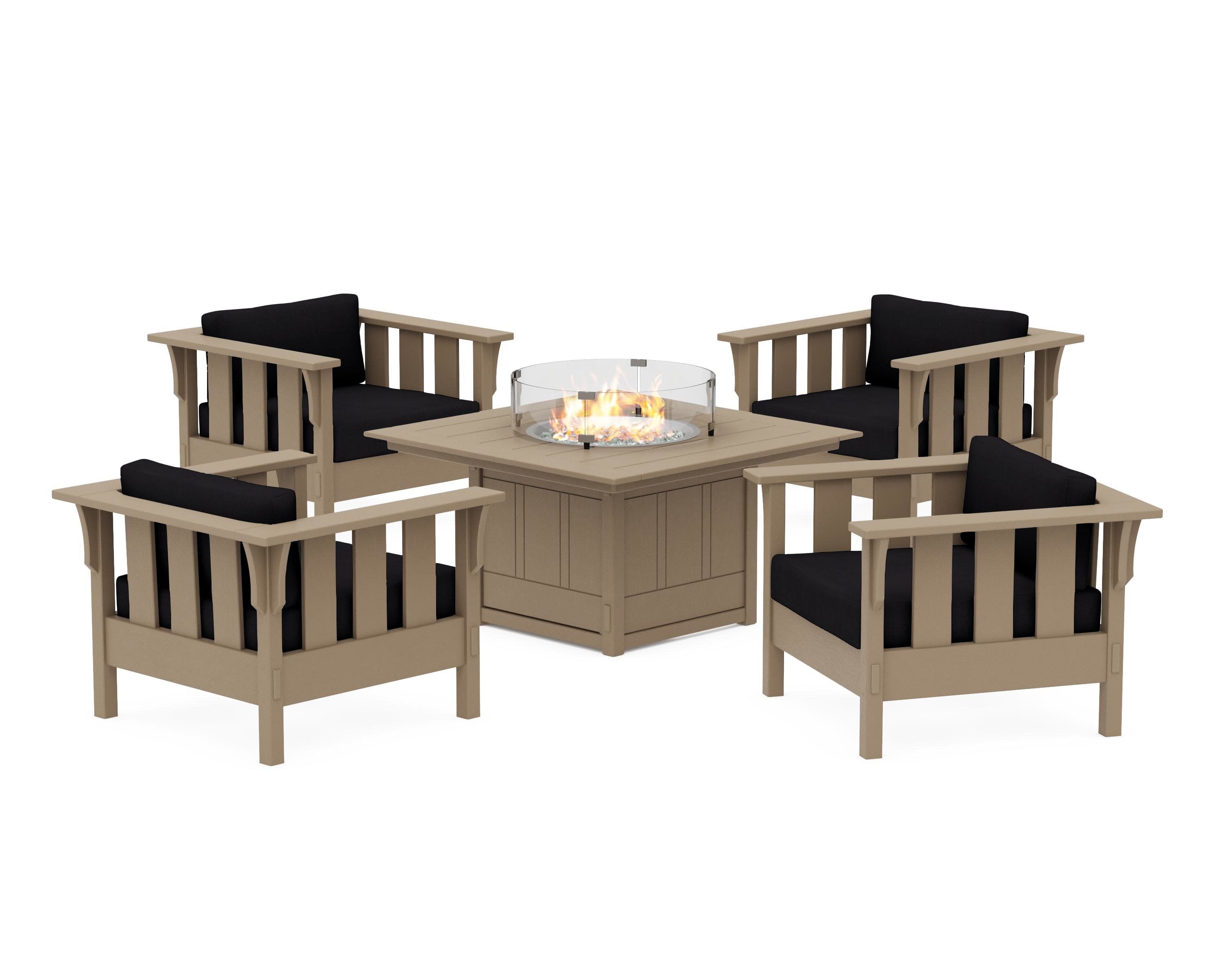 Acadia 5-Piece Deep Seating Set with Fire Pit Table in Vintage Sahara / Midnight Linen