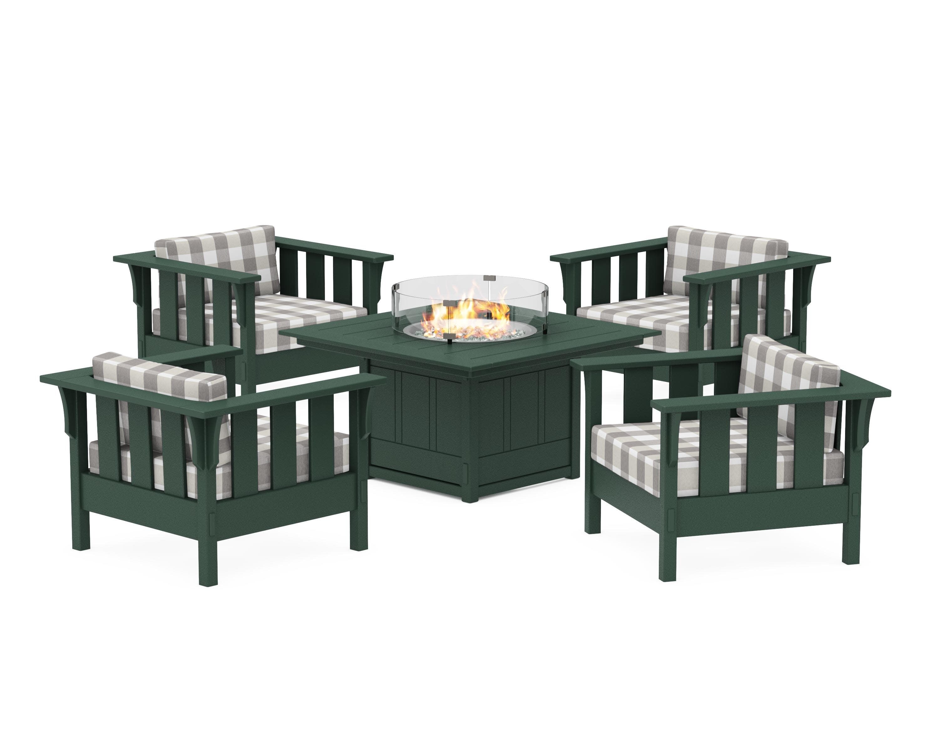 Acadia 5-Piece Deep Seating Set with Fire Pit Table in Green / Buffalo Plaid Grey Mist