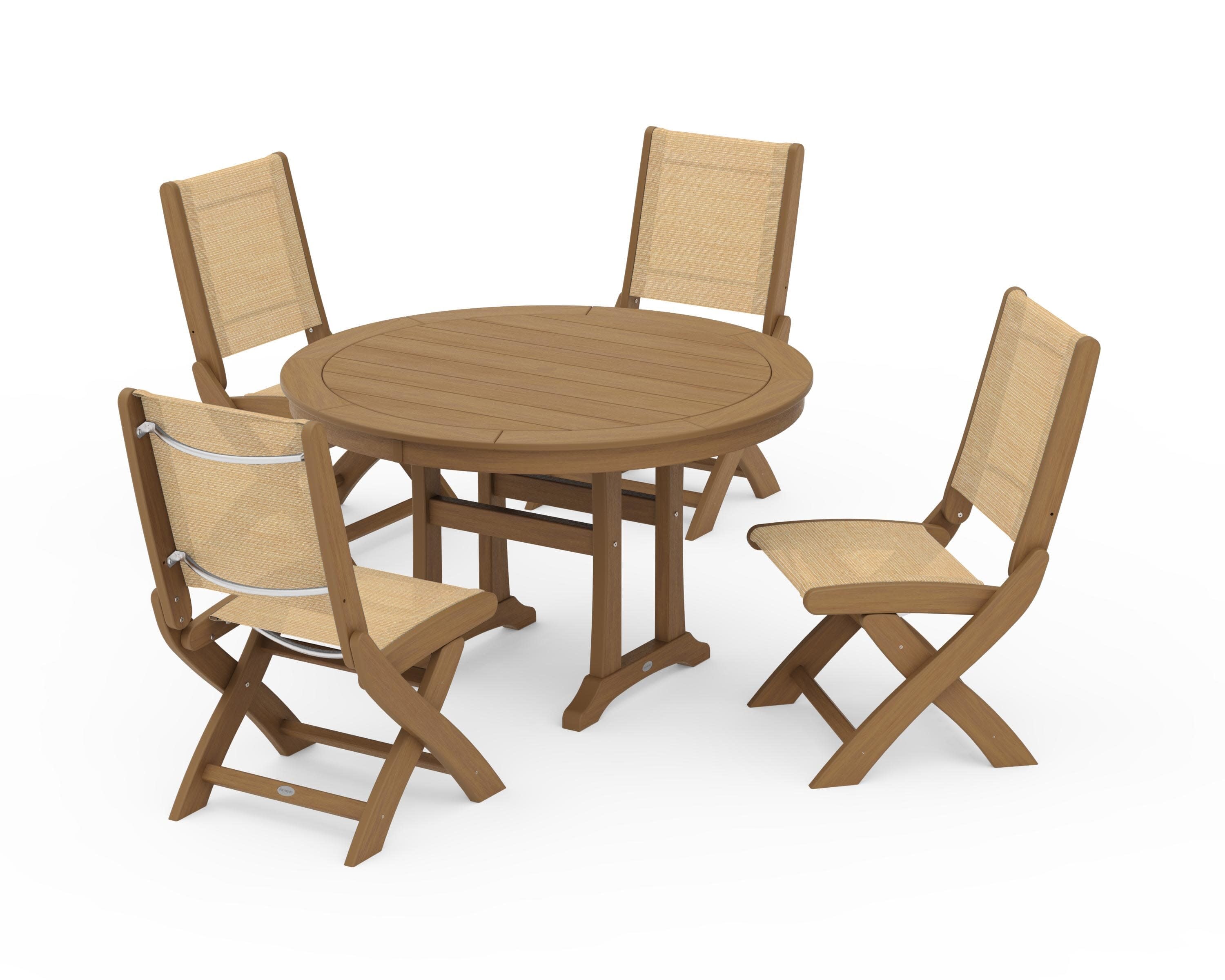 Coastal Folding Side Chair 5-Piece Round Dining Set With Trestle Legs in Natural / Dupioni Apricot Sling