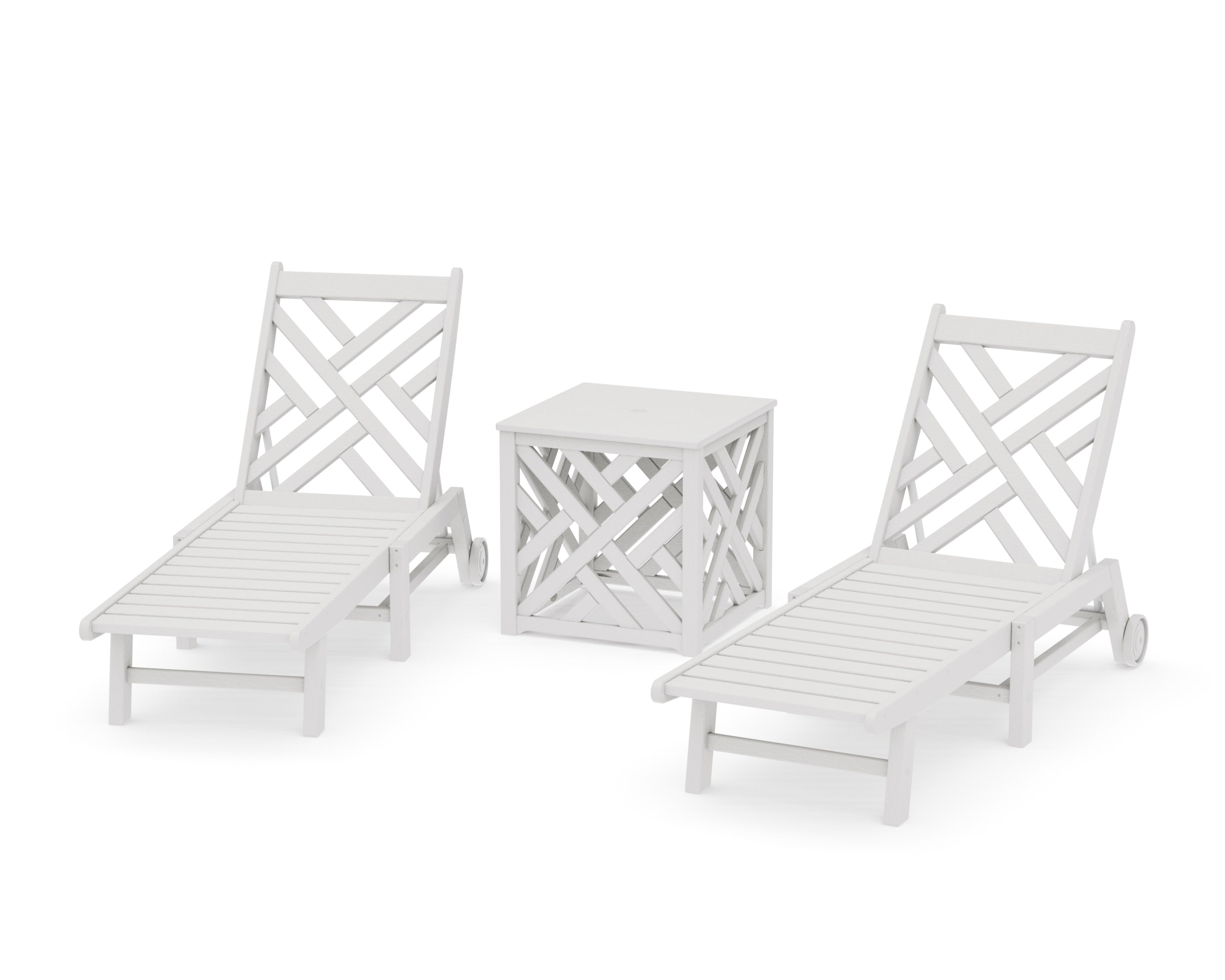 Chippendale 3-Piece Chaise Set with Wheels and Umbrella Stand Accent Table in Vintage White