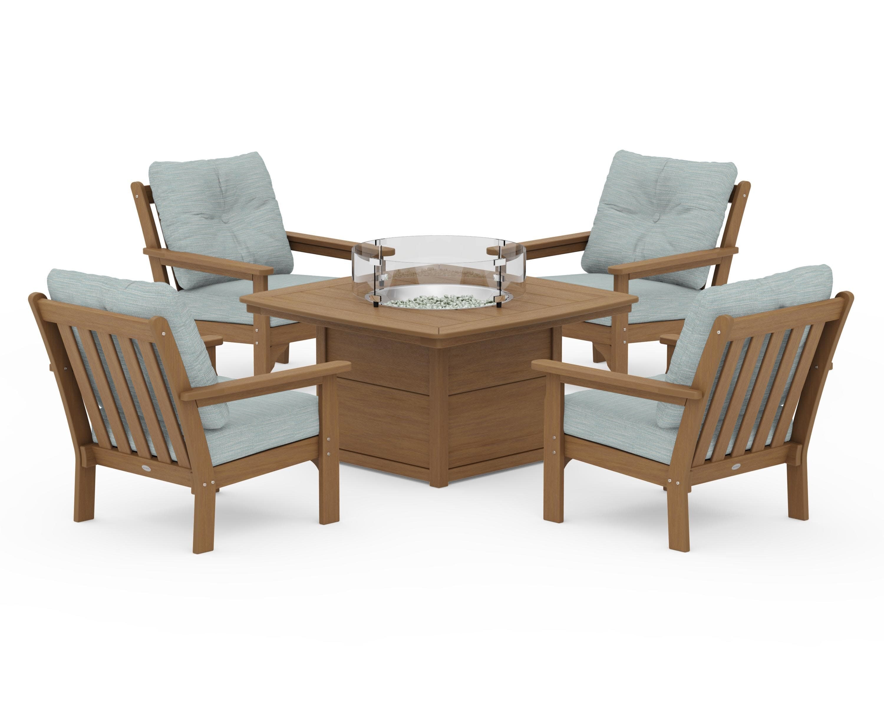 Vineyard 5-Piece Conversation Set with Fire Pit Table in Natural / Soothe Mist