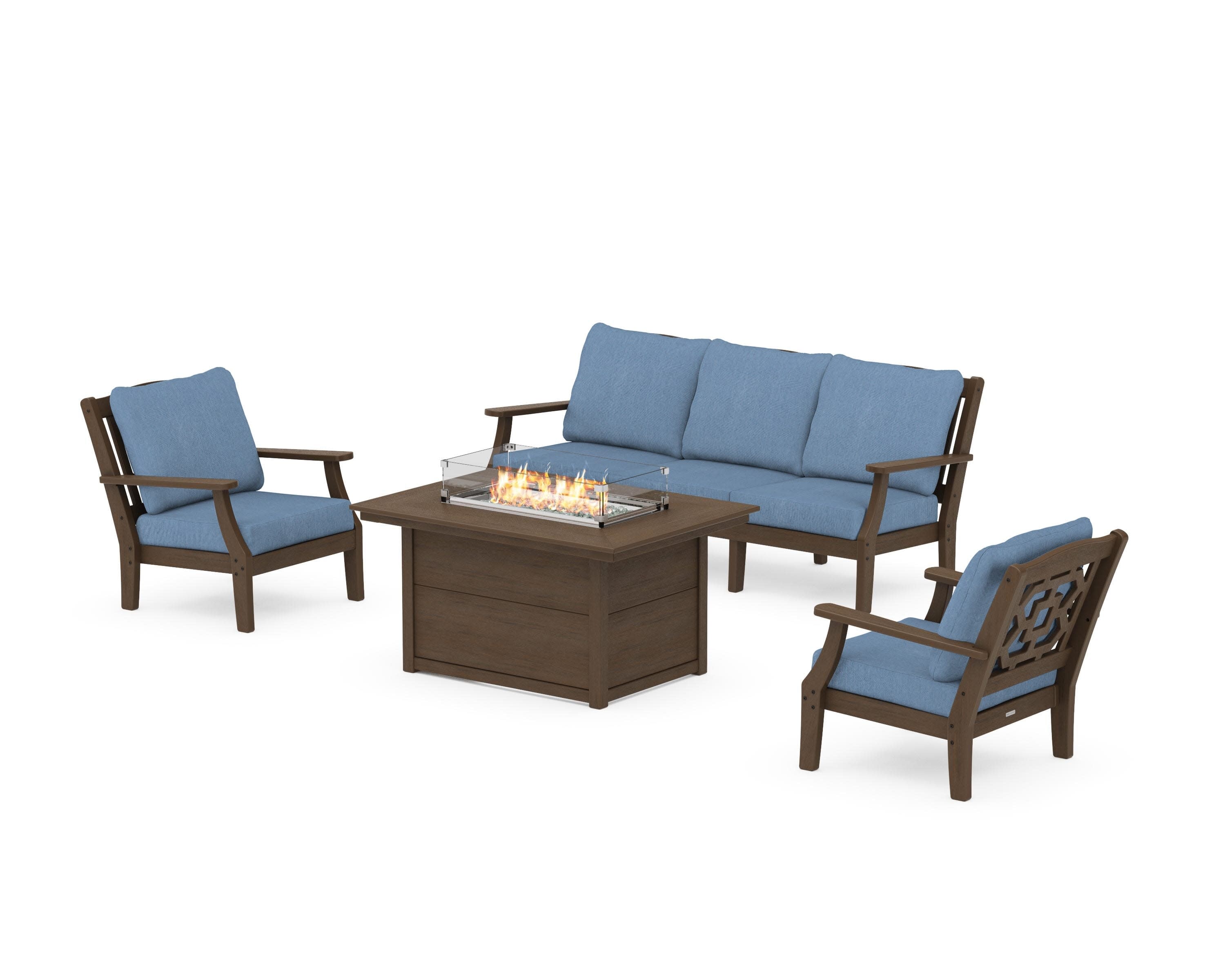 Chinoiserie Deep Seating Fire Pit Table Set in Kona / Sky Blue
