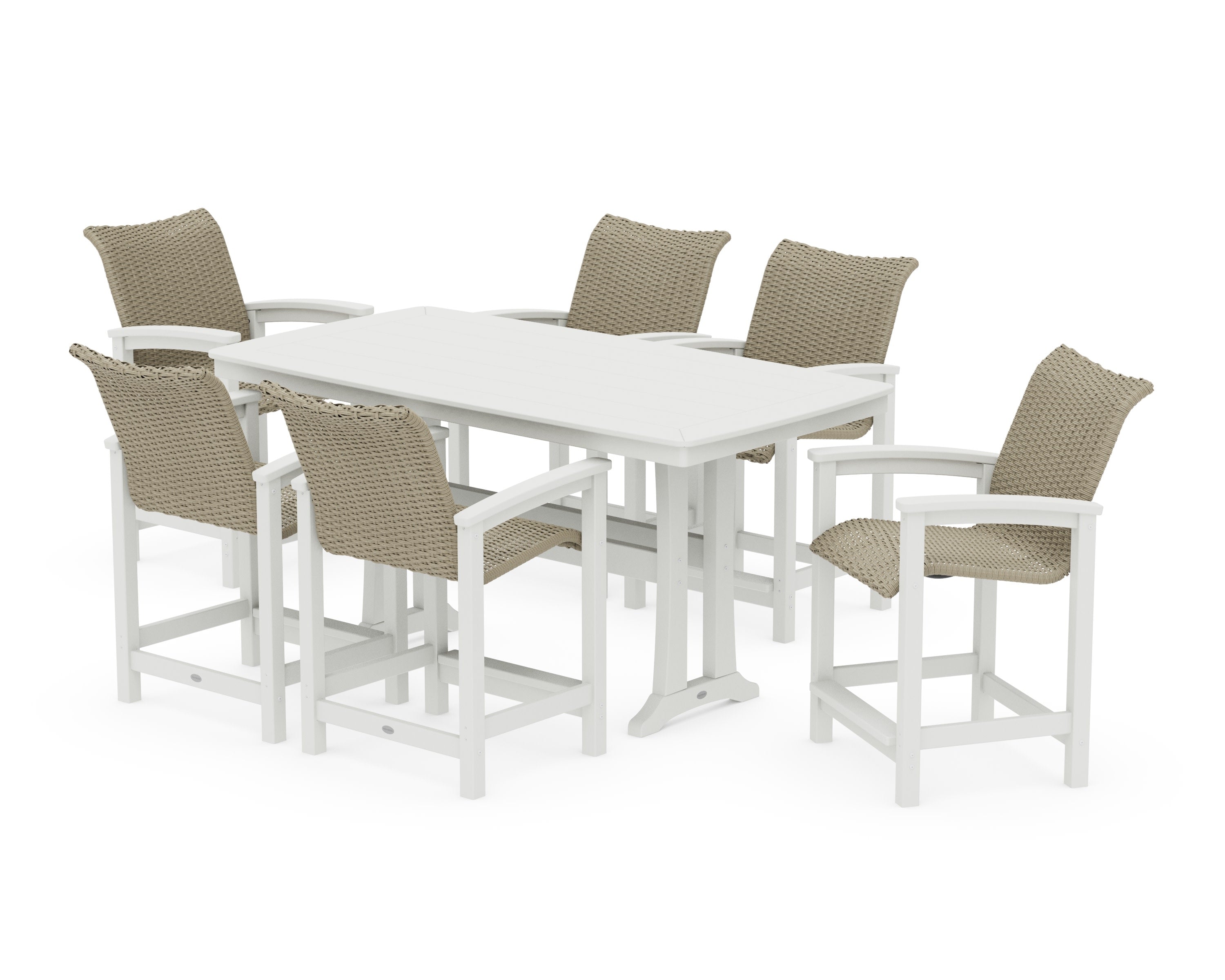 Coastal Woven Arm Chair 7-Piece Counter Set with Trestle Legs in White / Dune Grass
