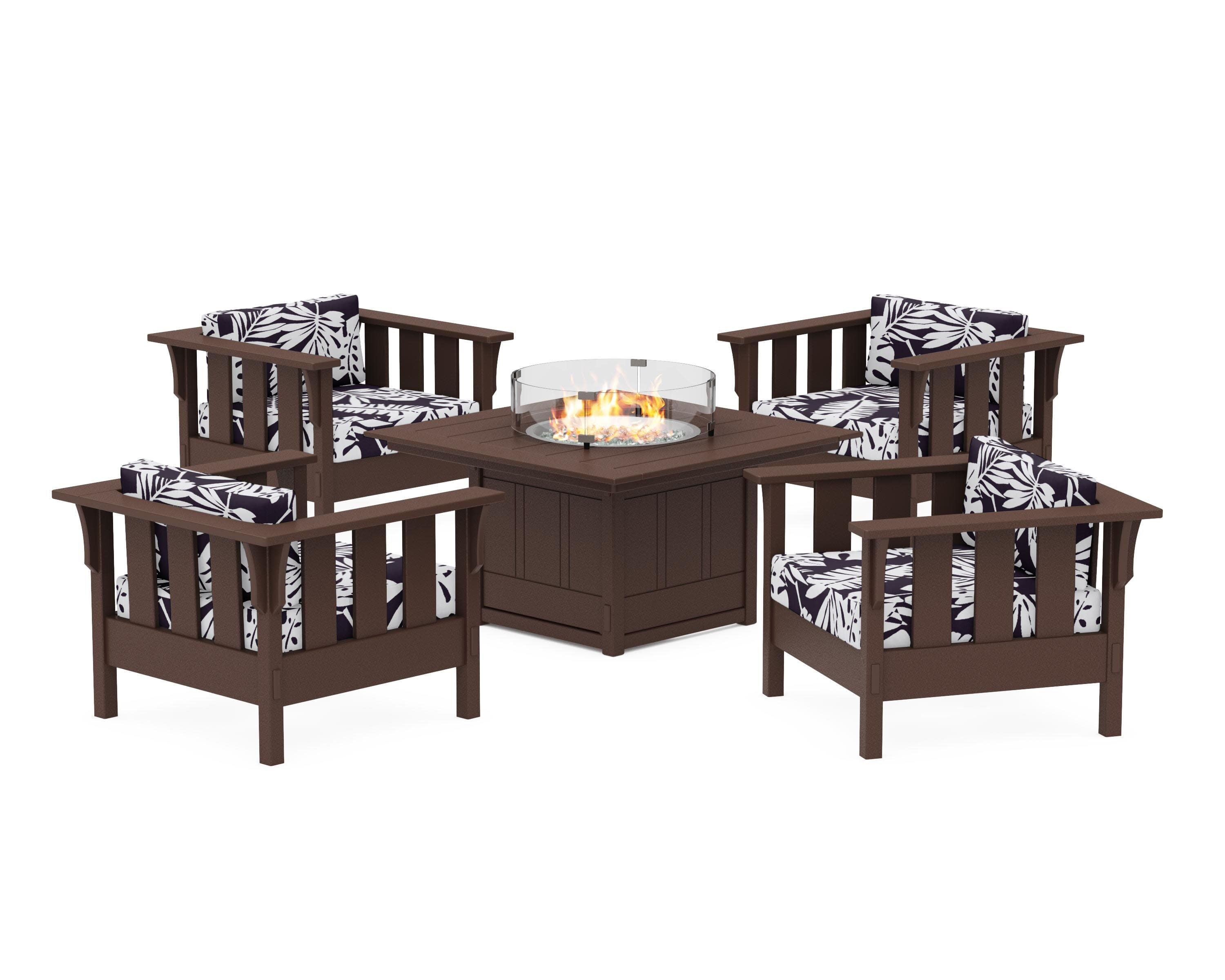 Acadia 5-Piece Deep Seating Set with Fire Pit Table in Mahogany / Leaf Navy