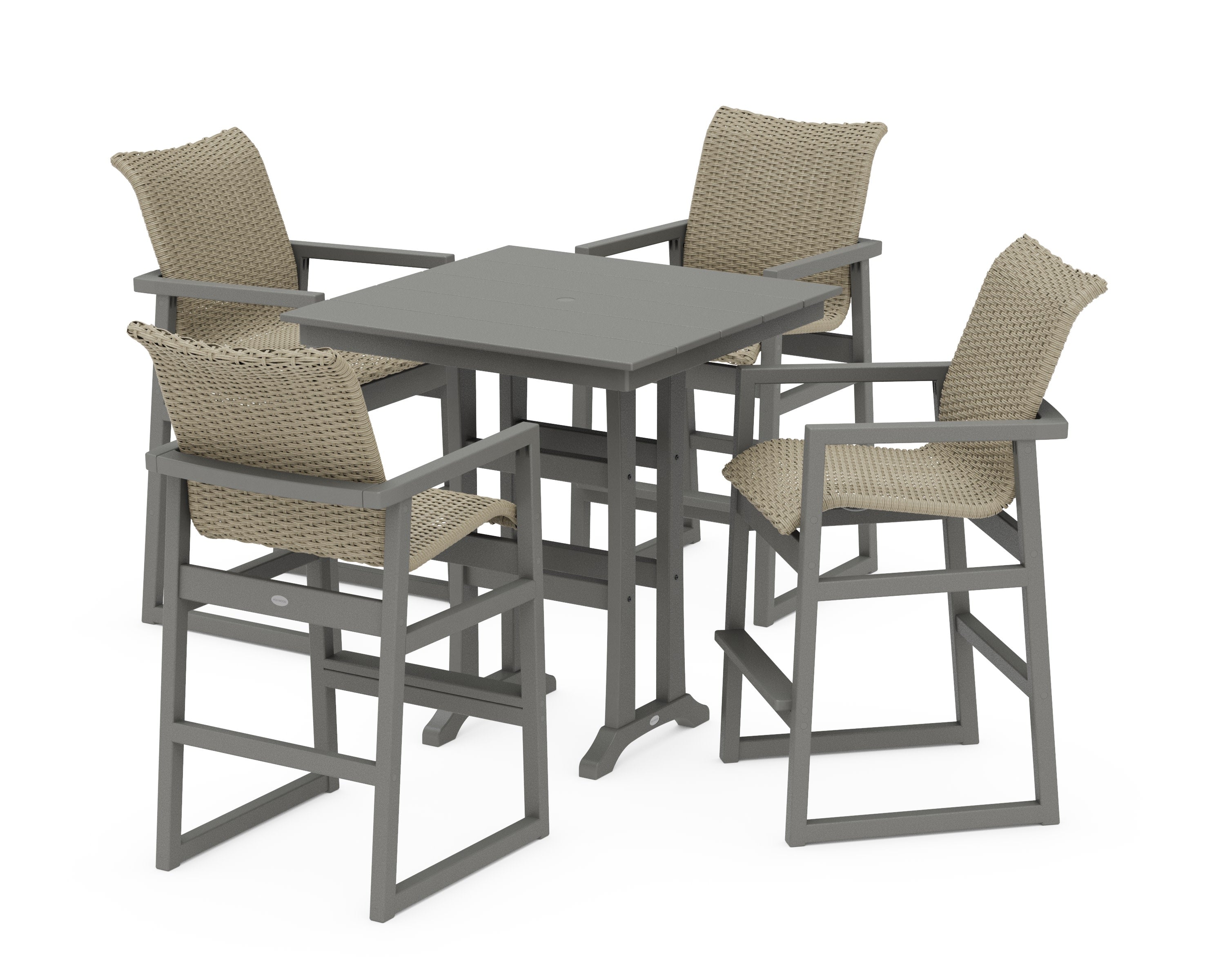 EDGE Woven 5-Piece Farmhouse Bar Set with Trestle Legs in Slate Grey / Dune Grass
