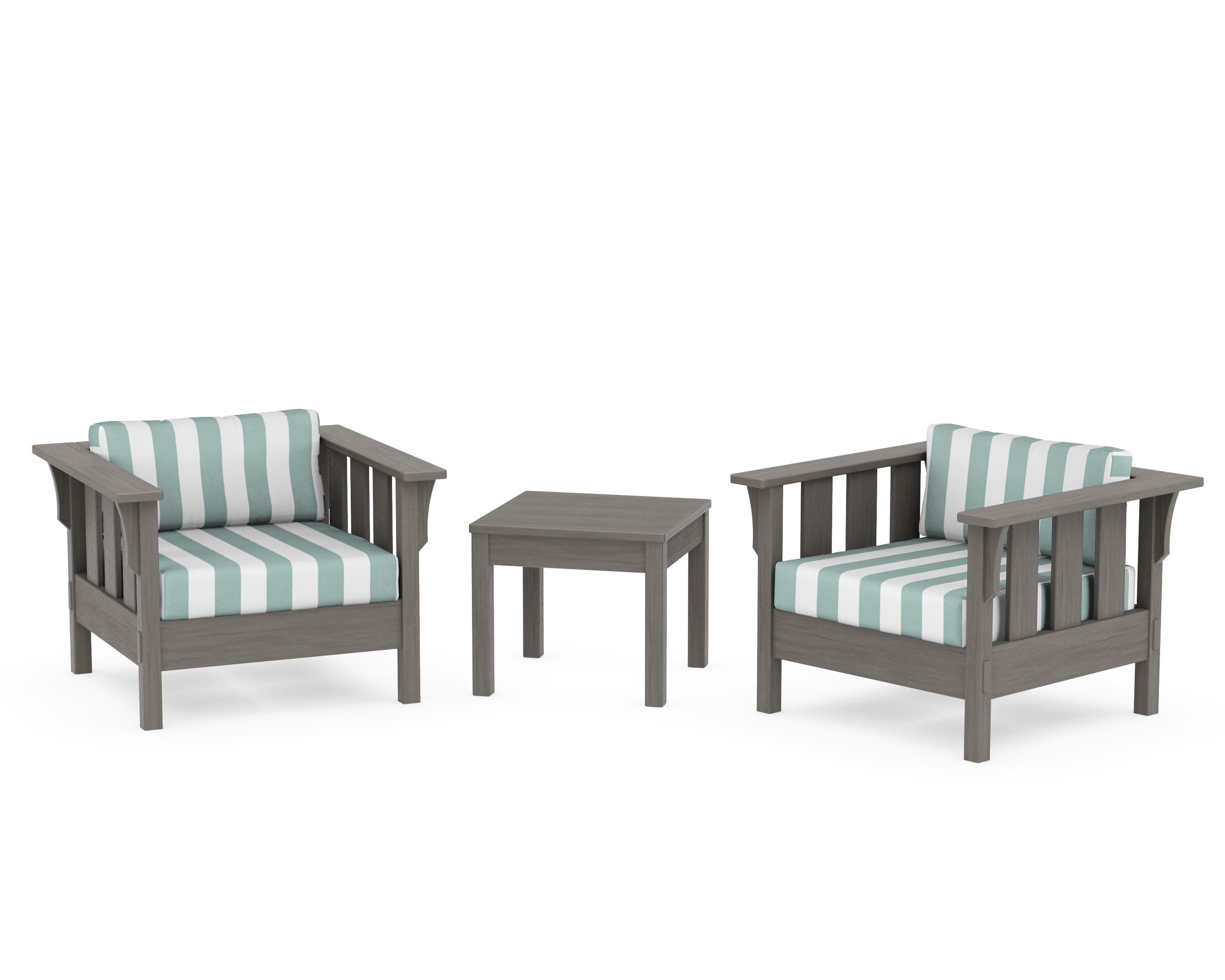 Acadia 3-Piece Deep Seating Set in Driftwood / Cabana Stripe Glacier Spa