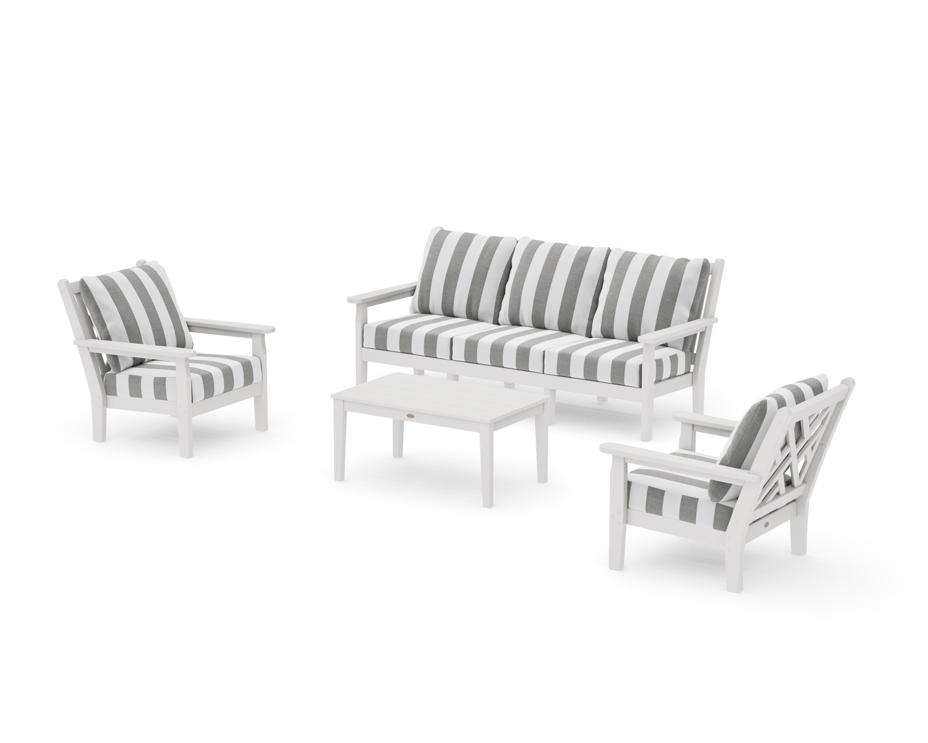 Chippendale 4-Piece Deep Seating Set with Sofa in Vintage White / Cabana Stripe Grey Mist
