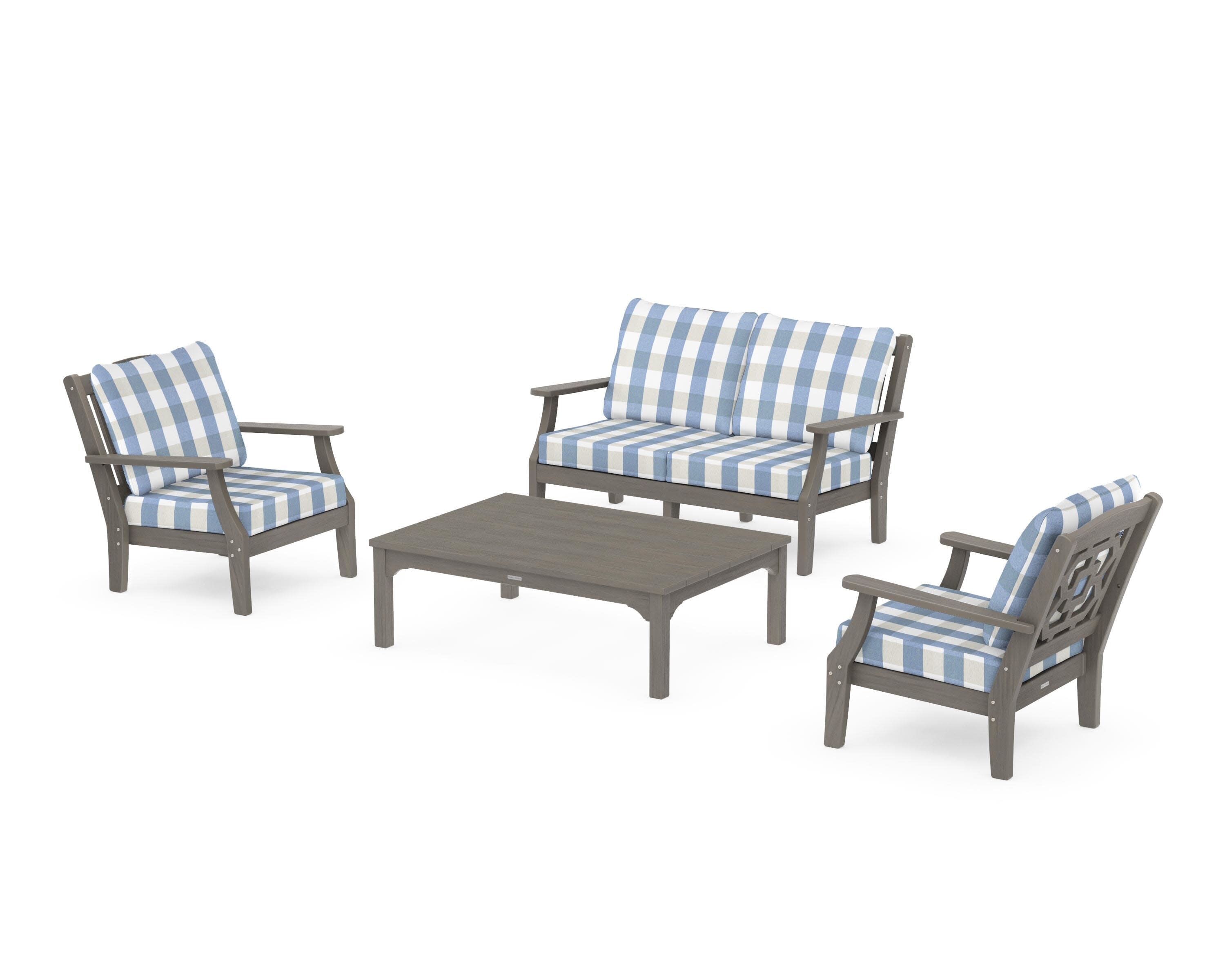 Chinoiserie 4-Piece Deep Seating Set with Loveseat in Driftwood / Buffalo Plaid Sky Blue