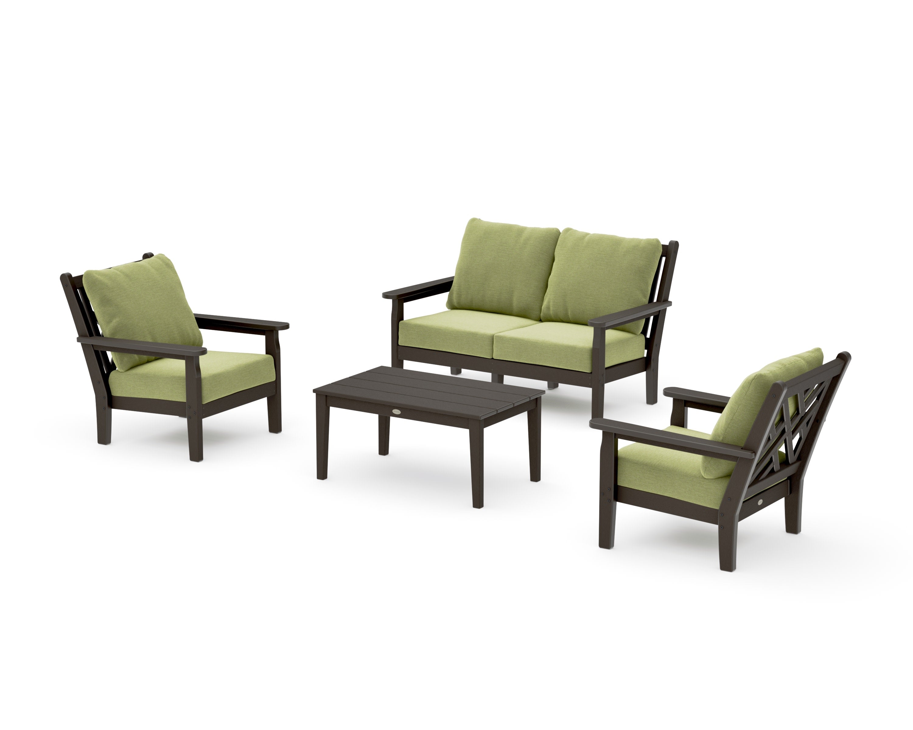 Chippendale 4-Piece Deep Seating Set with Loveseat in Vintage Coffee / Chartreuse Boucle
