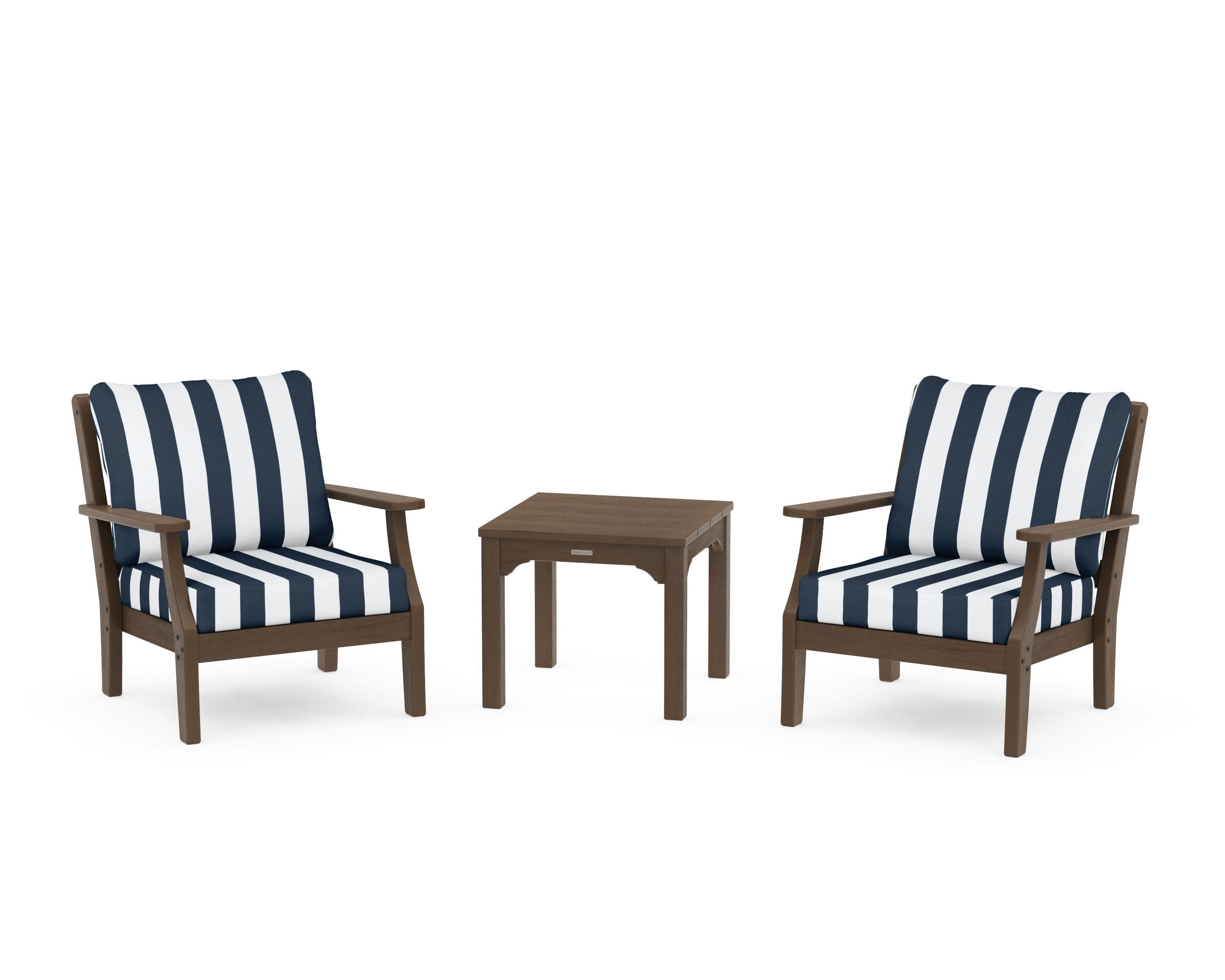 Chinoiserie 3-Piece Deep Seating Set in Kona / Cabana Stripe Marine Indigo