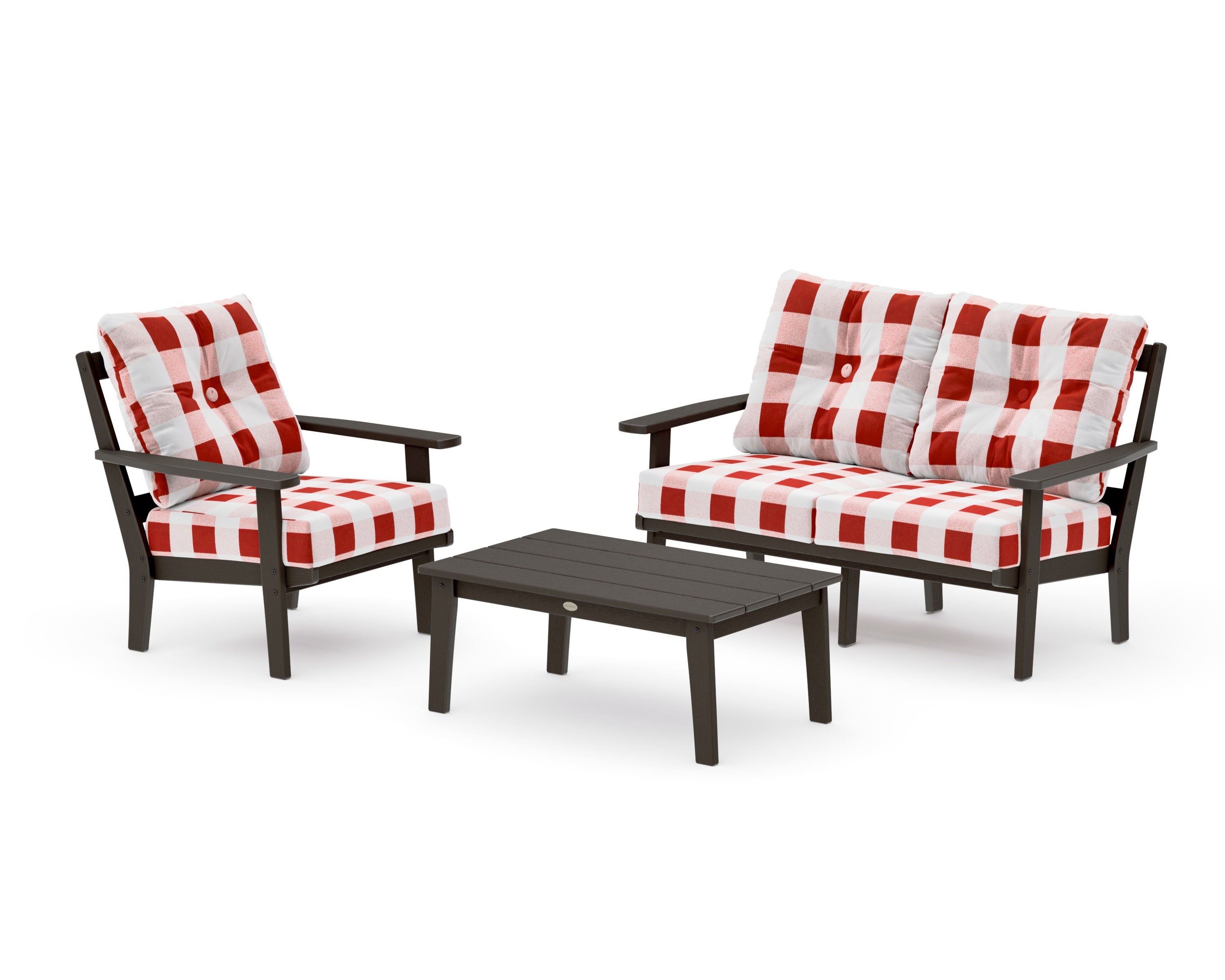 Oxford 3-Piece Deep Seating Set with Loveseat in Vintage Coffee / Buffalo Plaid Crimson