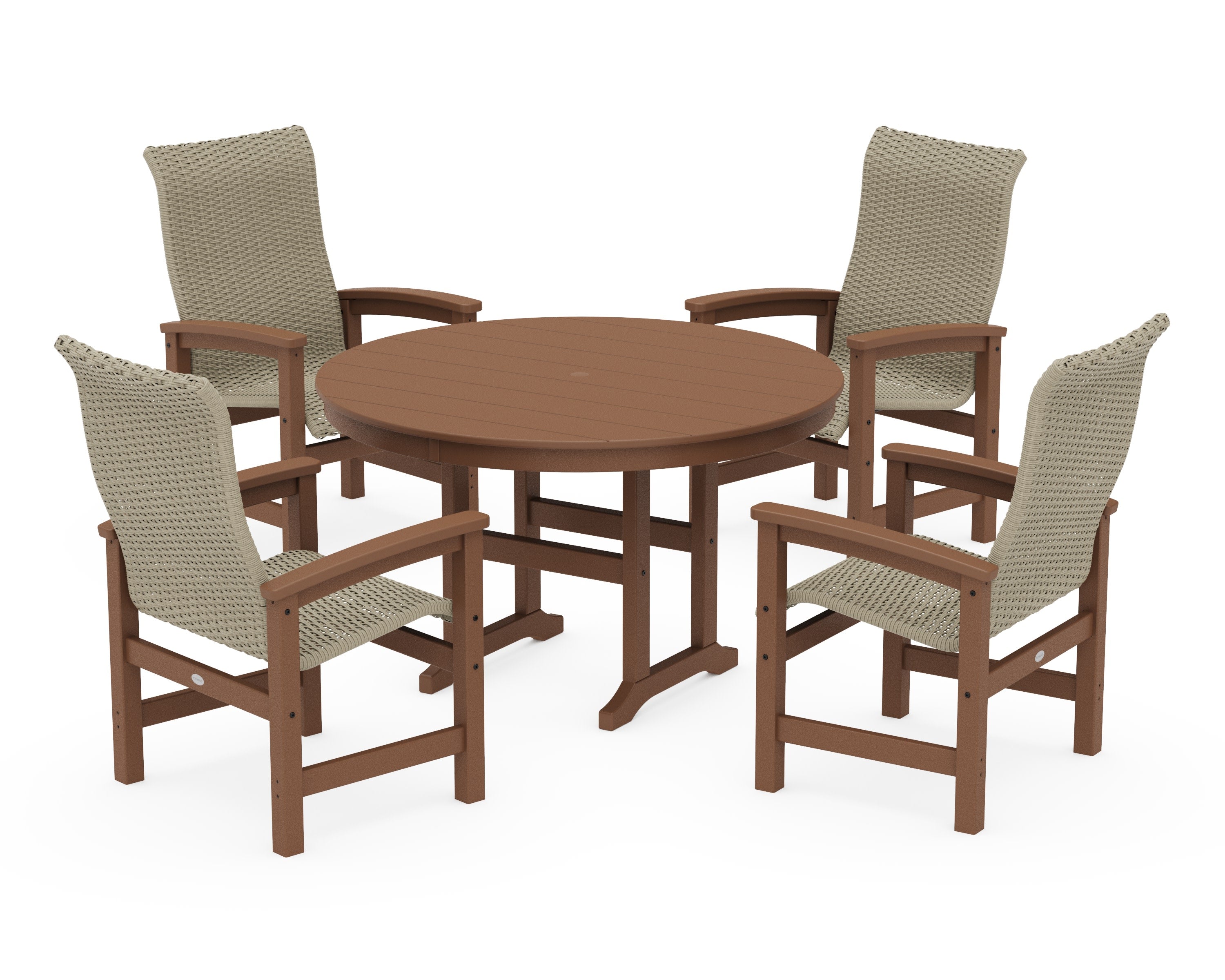 Coastal Woven High-Back 5-Piece Round Farmhouse Dining Set in Teak / Dune Grass