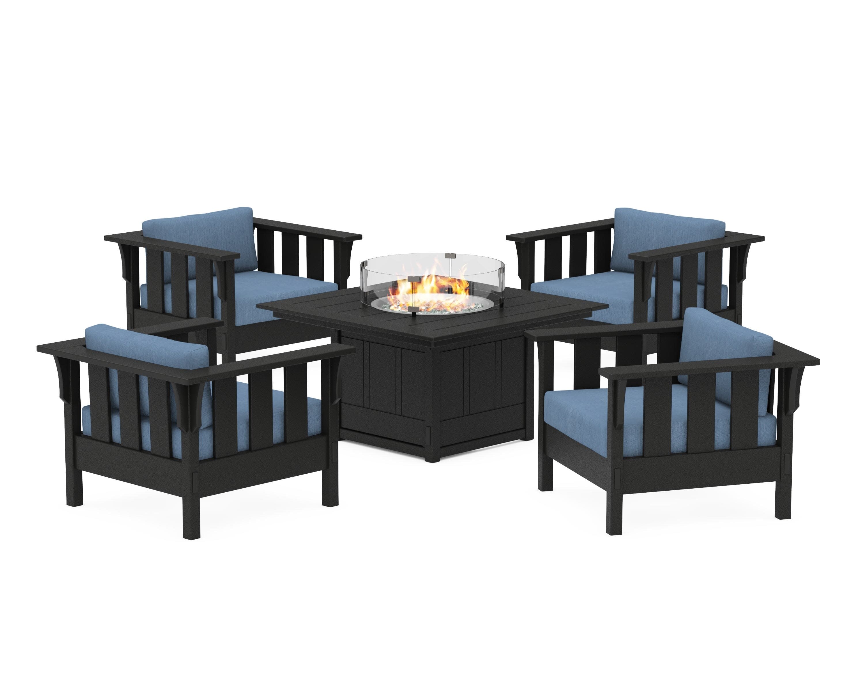 Acadia 5-Piece Deep Seating Set with Fire Pit Table in Black / Sky Blue