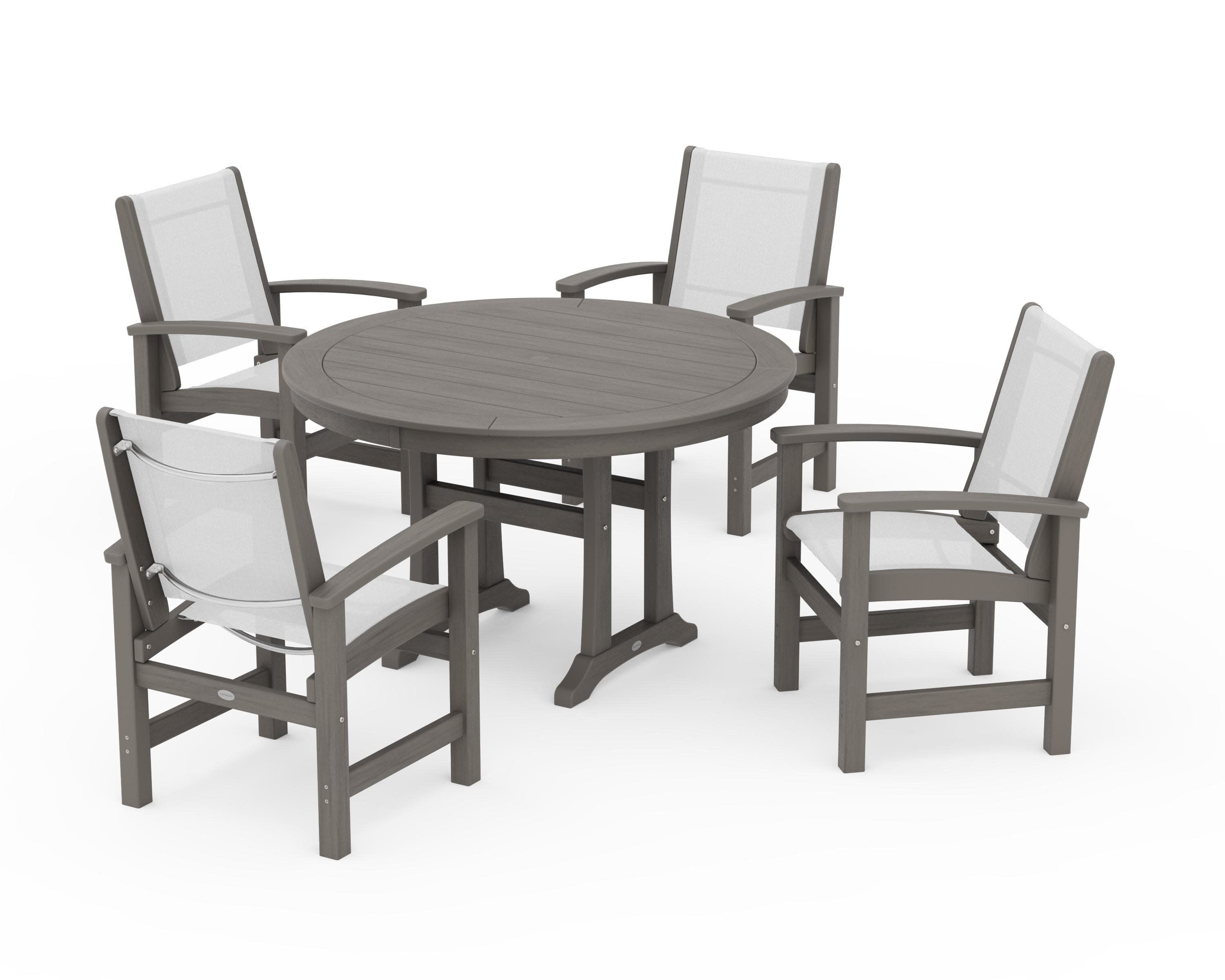 Coastal 5-Piece Round Dining Set with Trestle Legs in Driftwood / White Sling