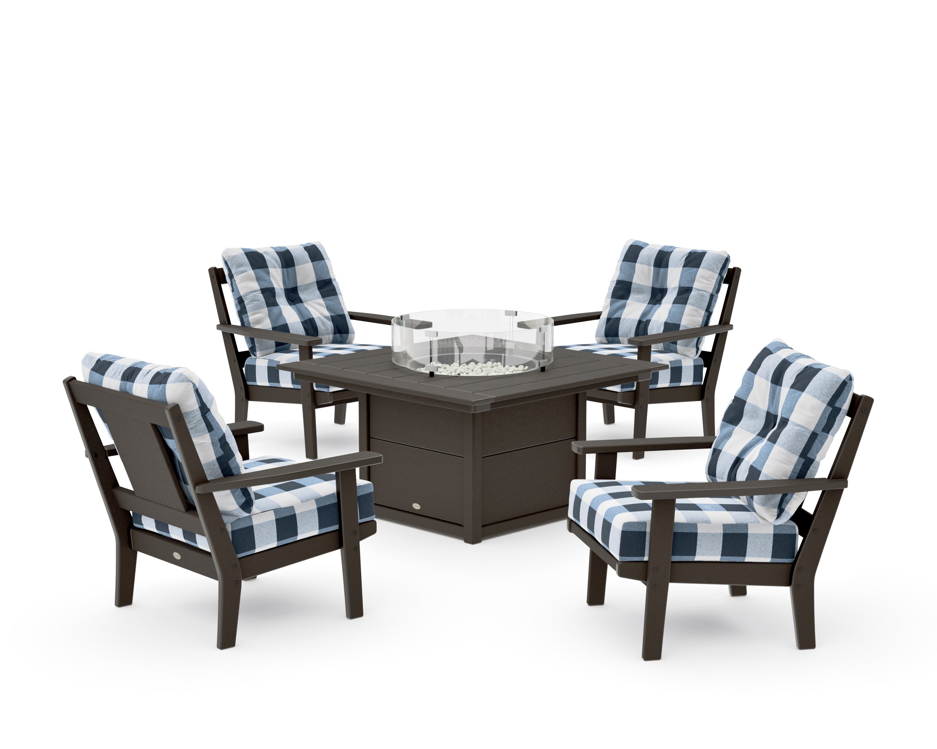 Prairie 5-Piece Deep Seating Set with Fire Pit Table in Vintage Coffee / Buffalo Plaid Marine Indigo