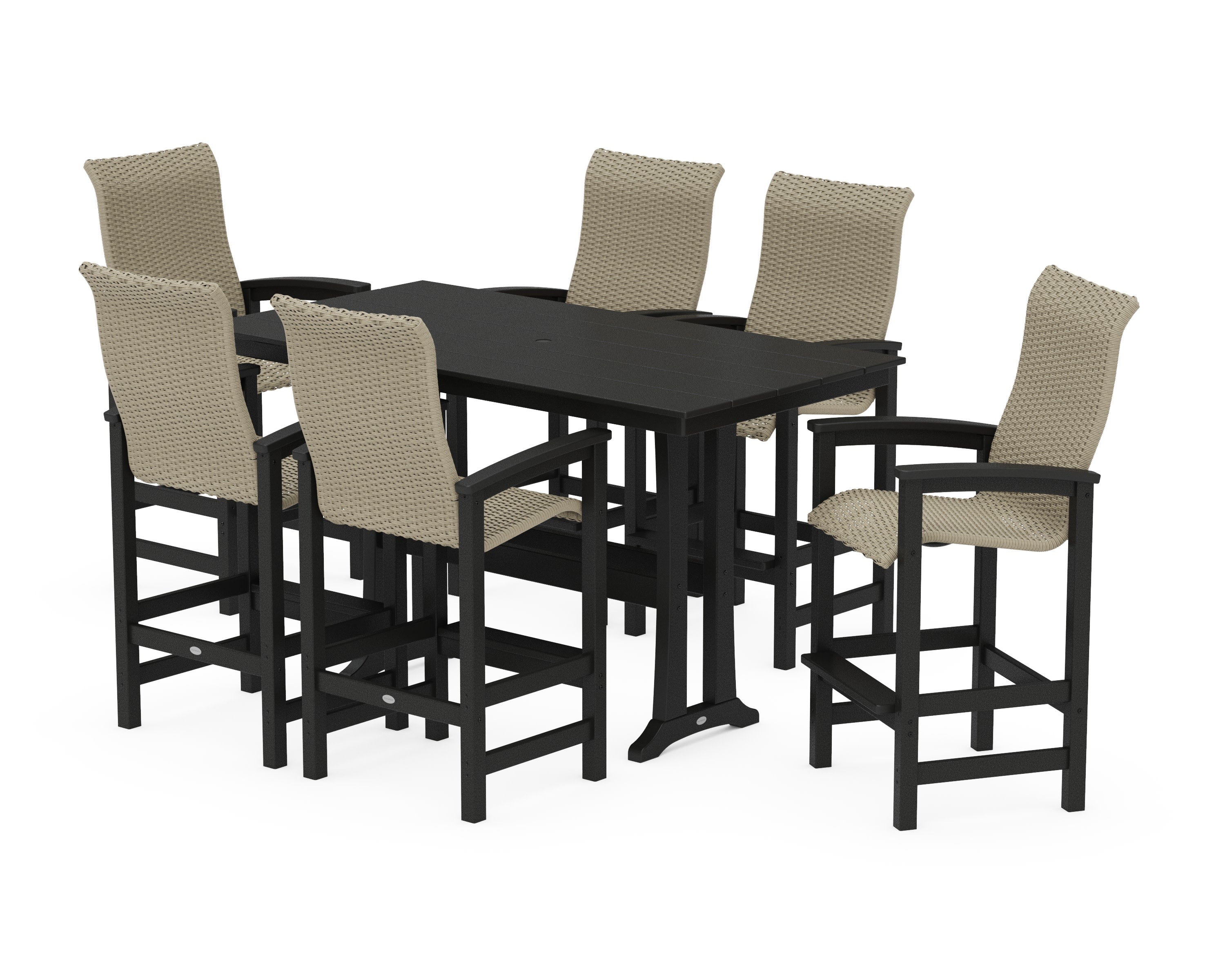 Coastal Woven High-Back Arm Chair 7-Piece Farmhouse Bar Set with Trestle Legs in Black / Dune Grass
