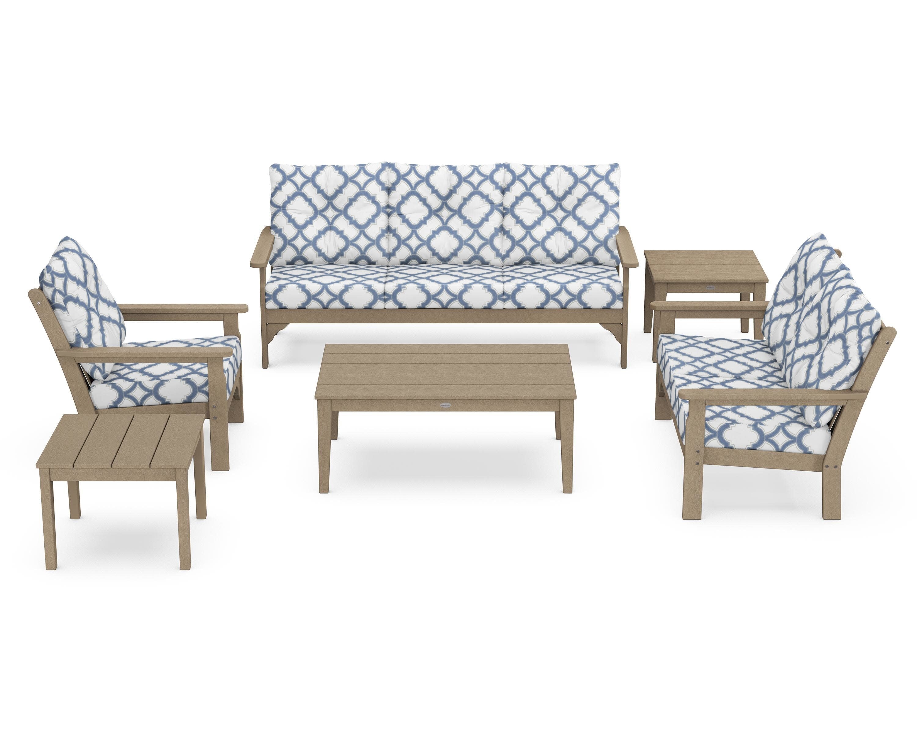 Vineyard 6-Piece Deep Seating Set in Vintage Sahara / Trellis Sky Blue