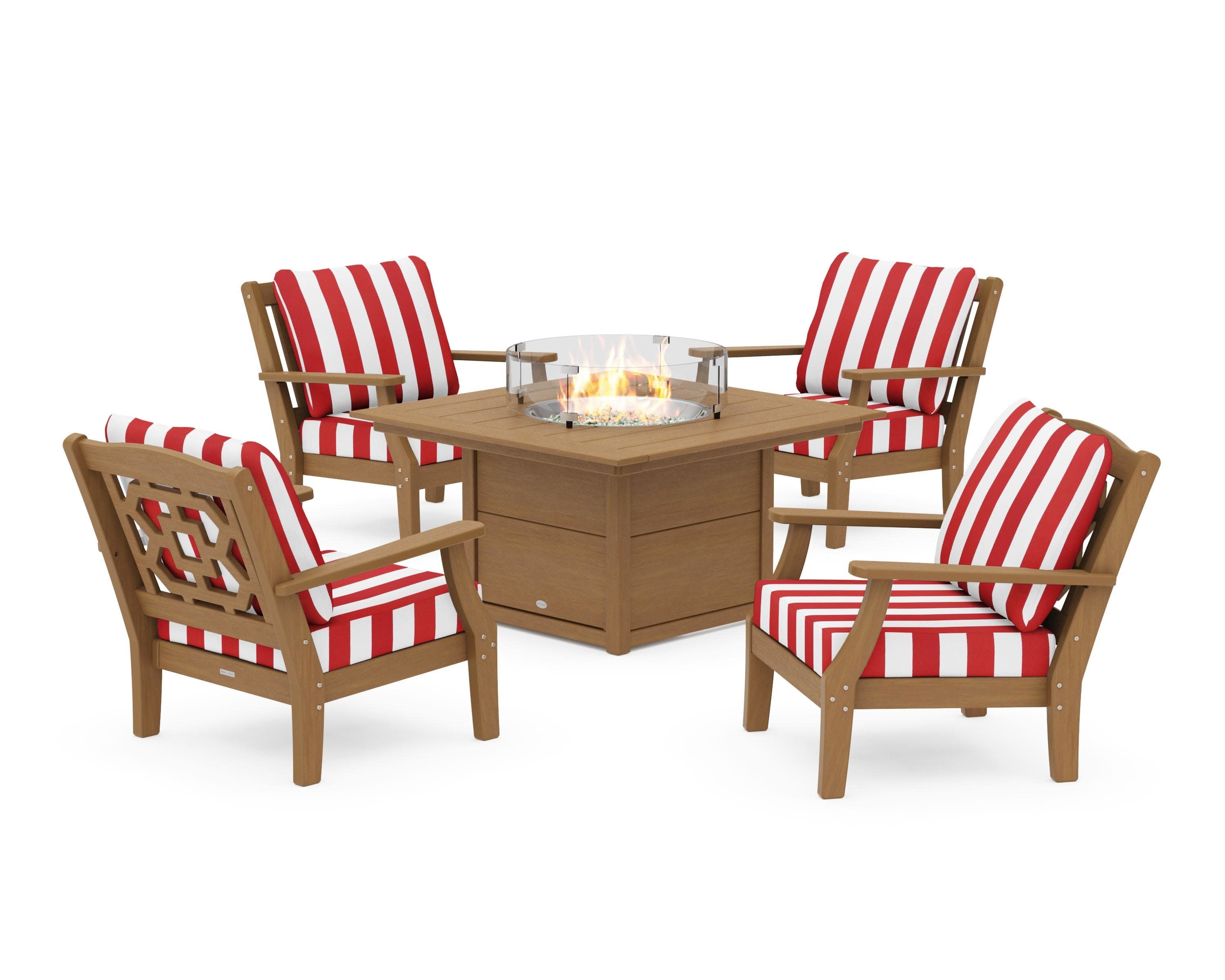 Chinoiserie 5-Piece Deep Seating Set with Fire Pit Table in Natural / Cabana Stripe Crimson
