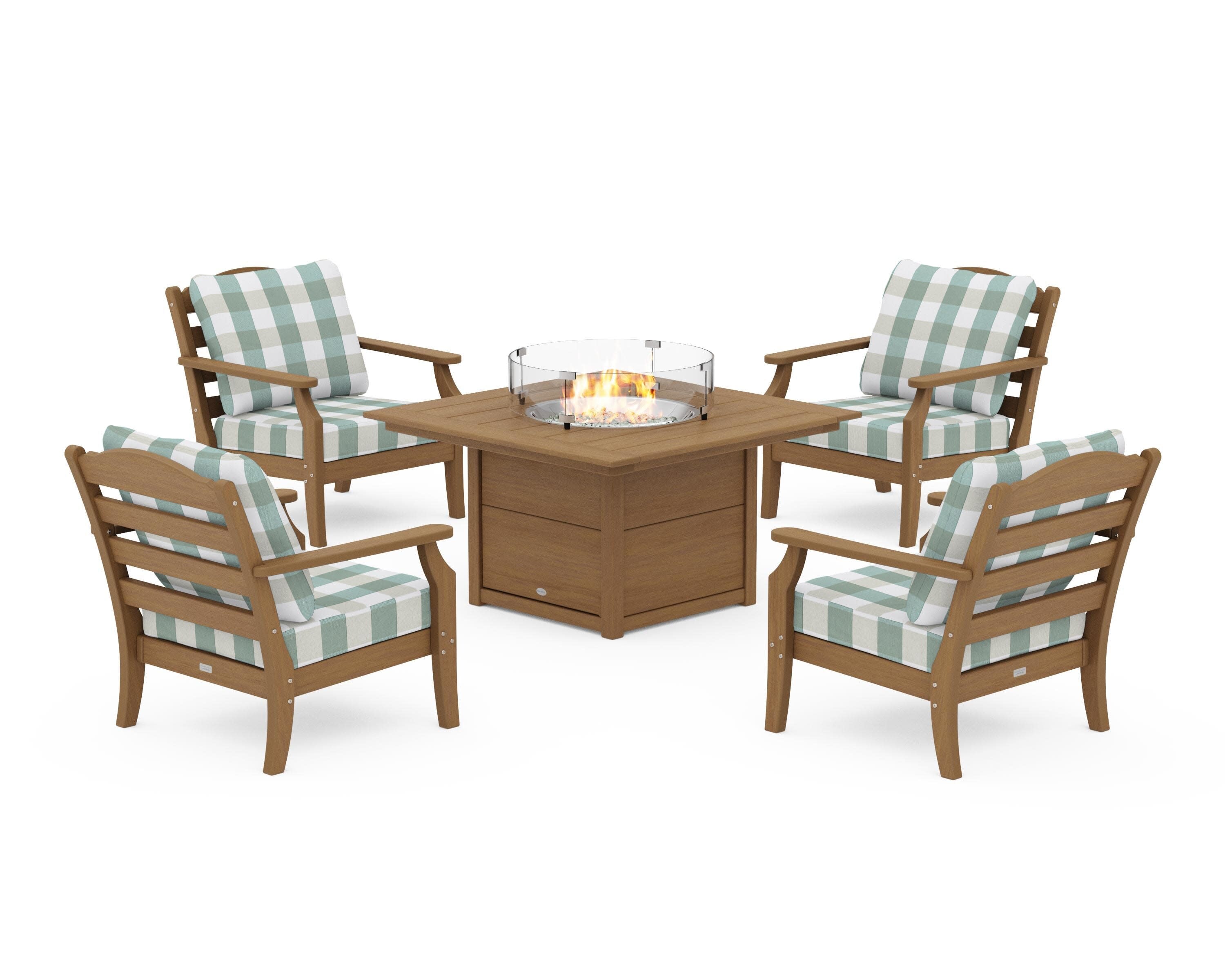 Savannah 5-Piece Deep Seating Set with Fire Pit Table in Natural / Buffalo Plaid Glacier Spa