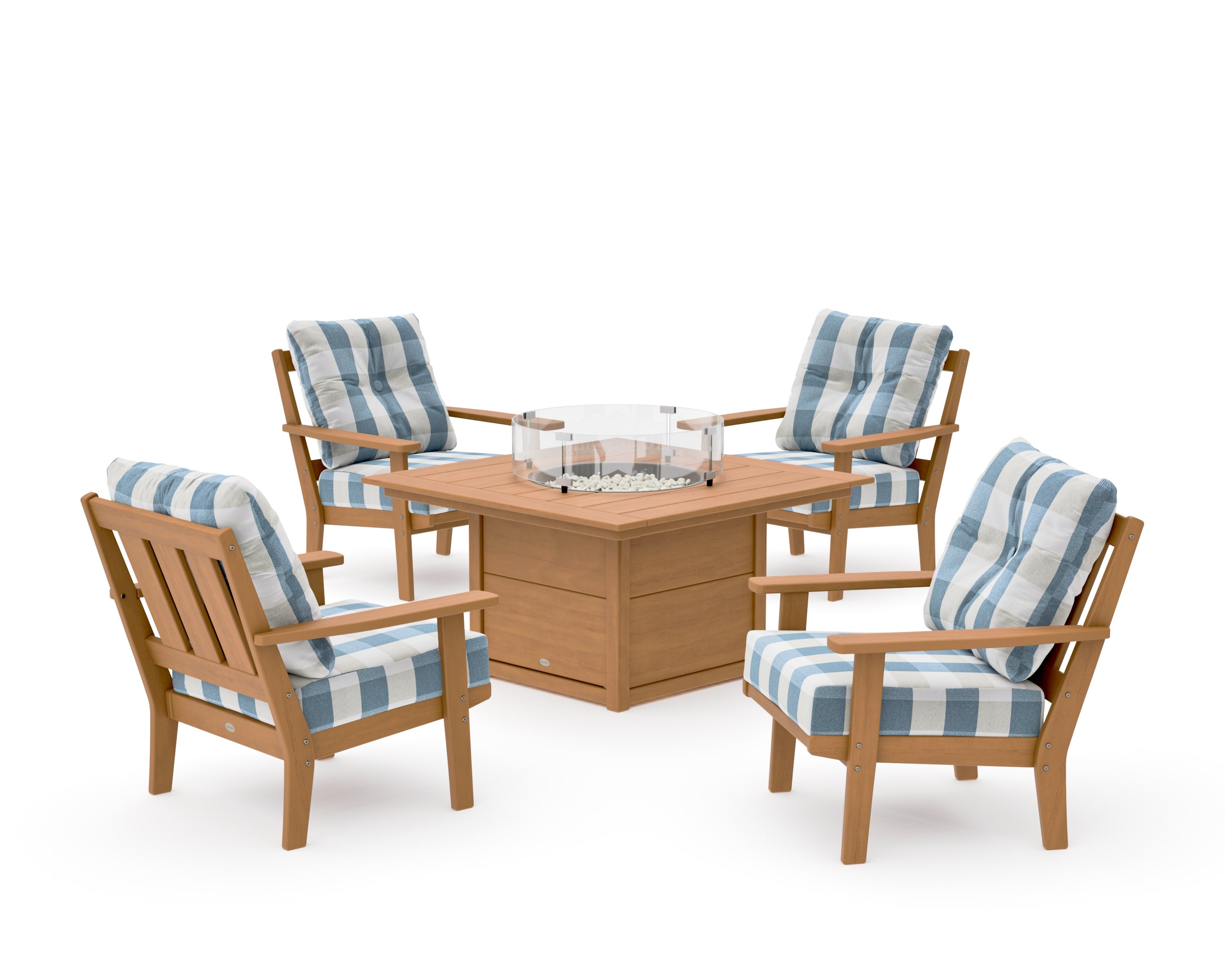 Oxford 5-Piece Deep Seating Set with Fire Pit Table in Natural / Buffalo Plaid Sky Blue