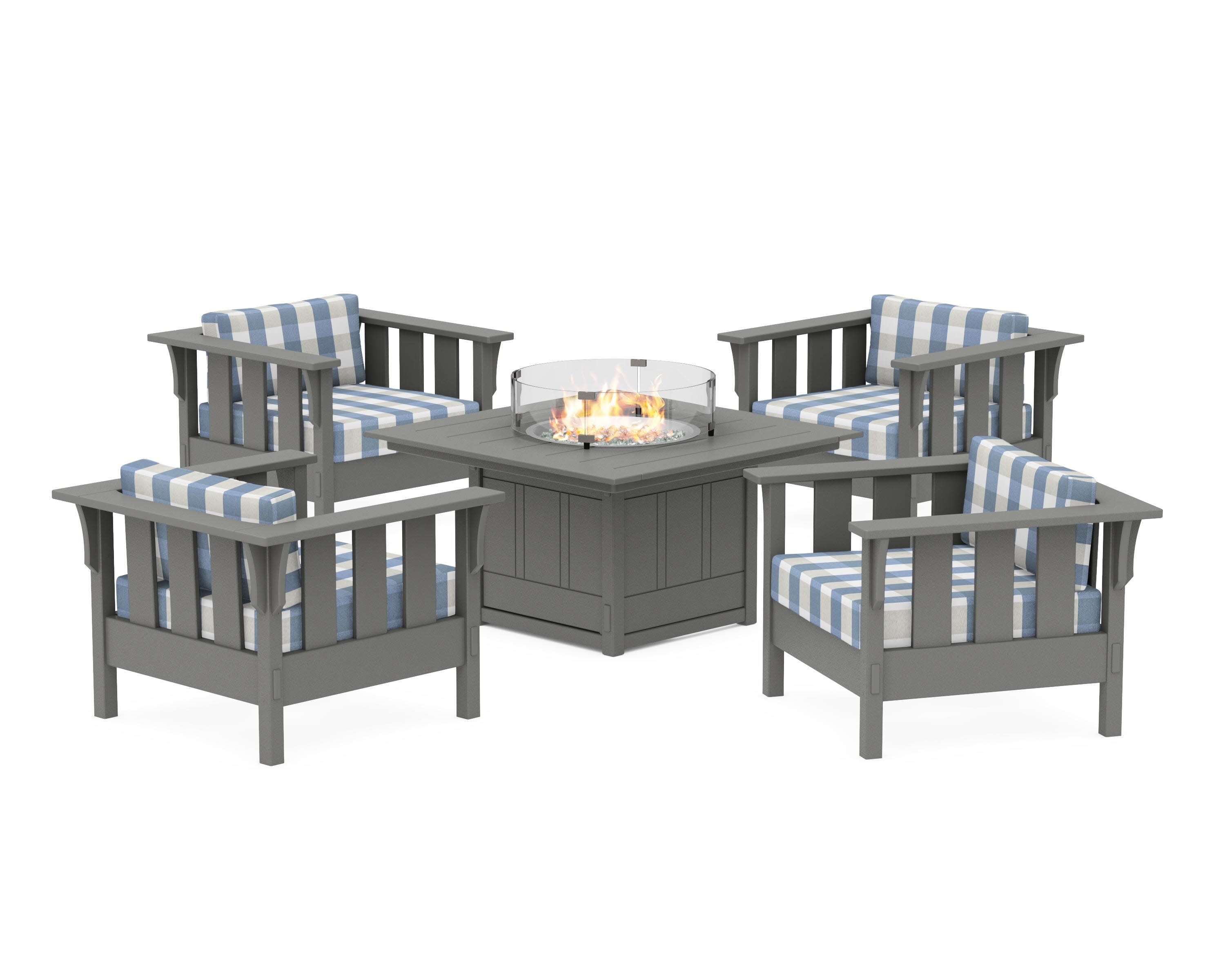 Acadia 5-Piece Deep Seating Set with Fire Pit Table in Slate Grey / Buffalo Plaid Sky Blue