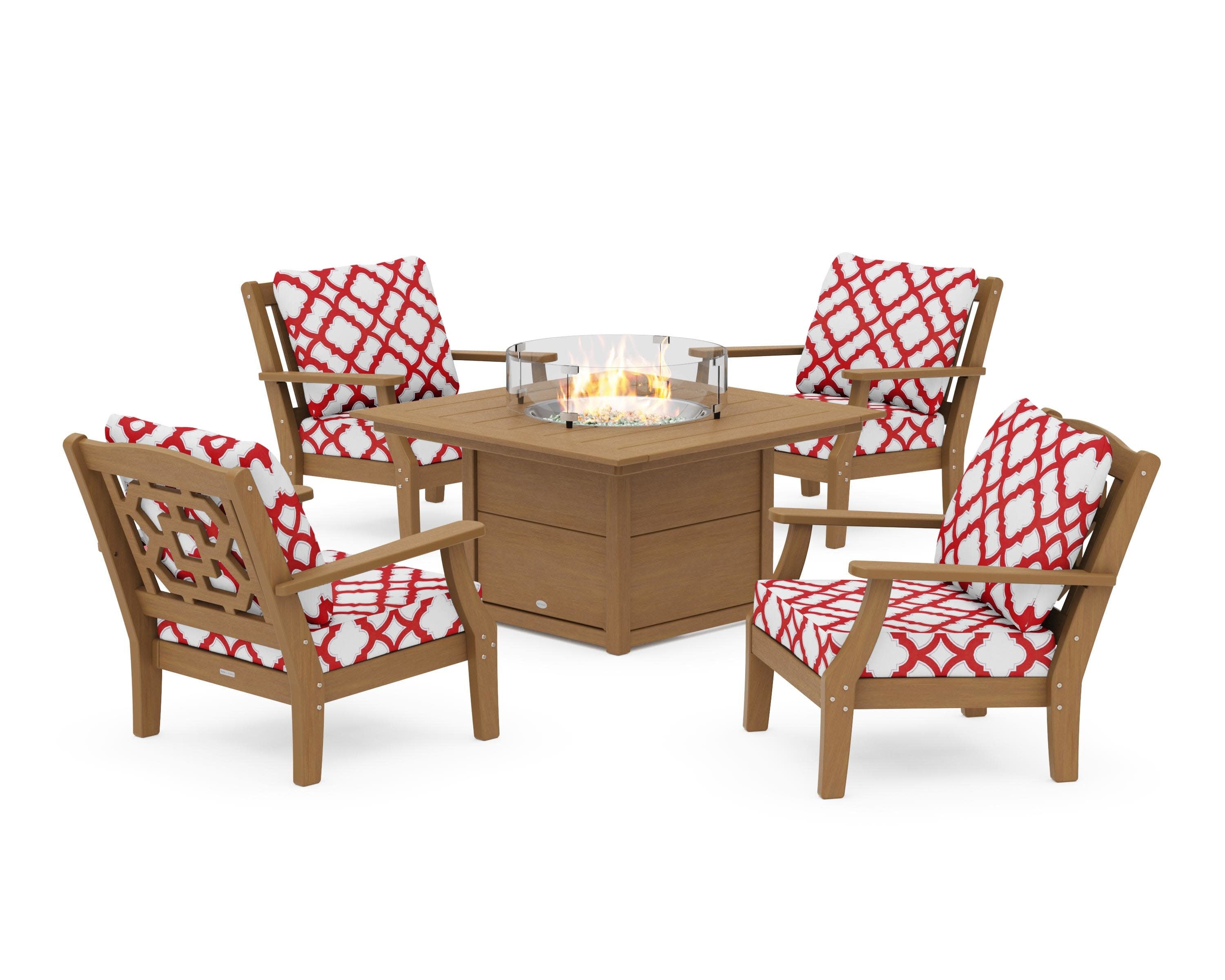 Chinoiserie 5-Piece Deep Seating Set with Fire Pit Table in Natural / Trellis Crimson