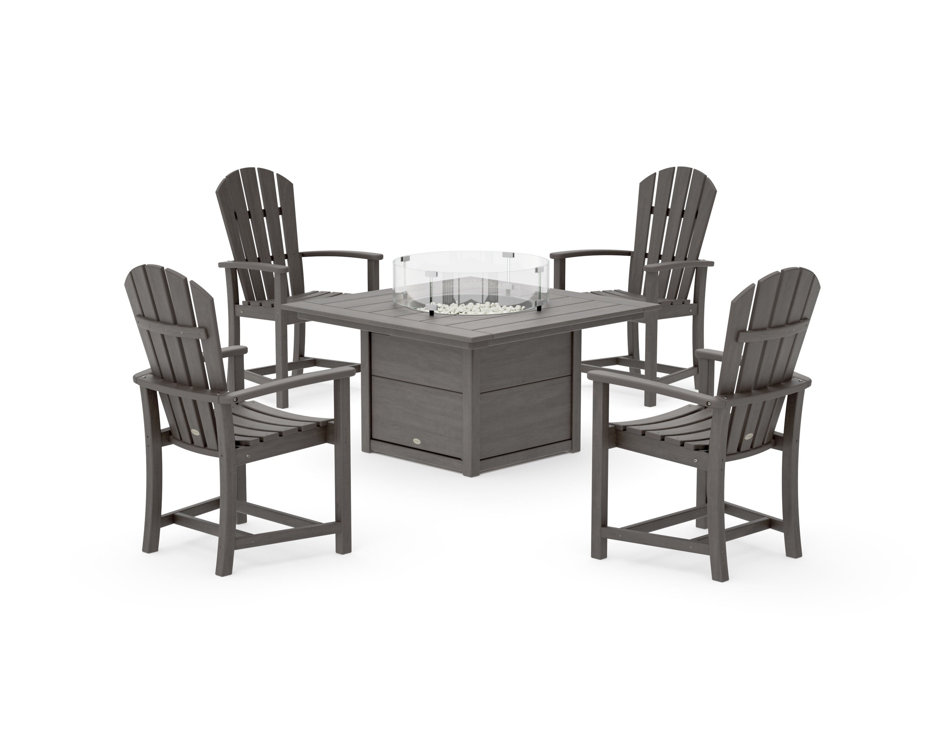 Palm Coast 4-Piece Upright Adirondack Conversation Set with Fire Pit Table in Driftwood
