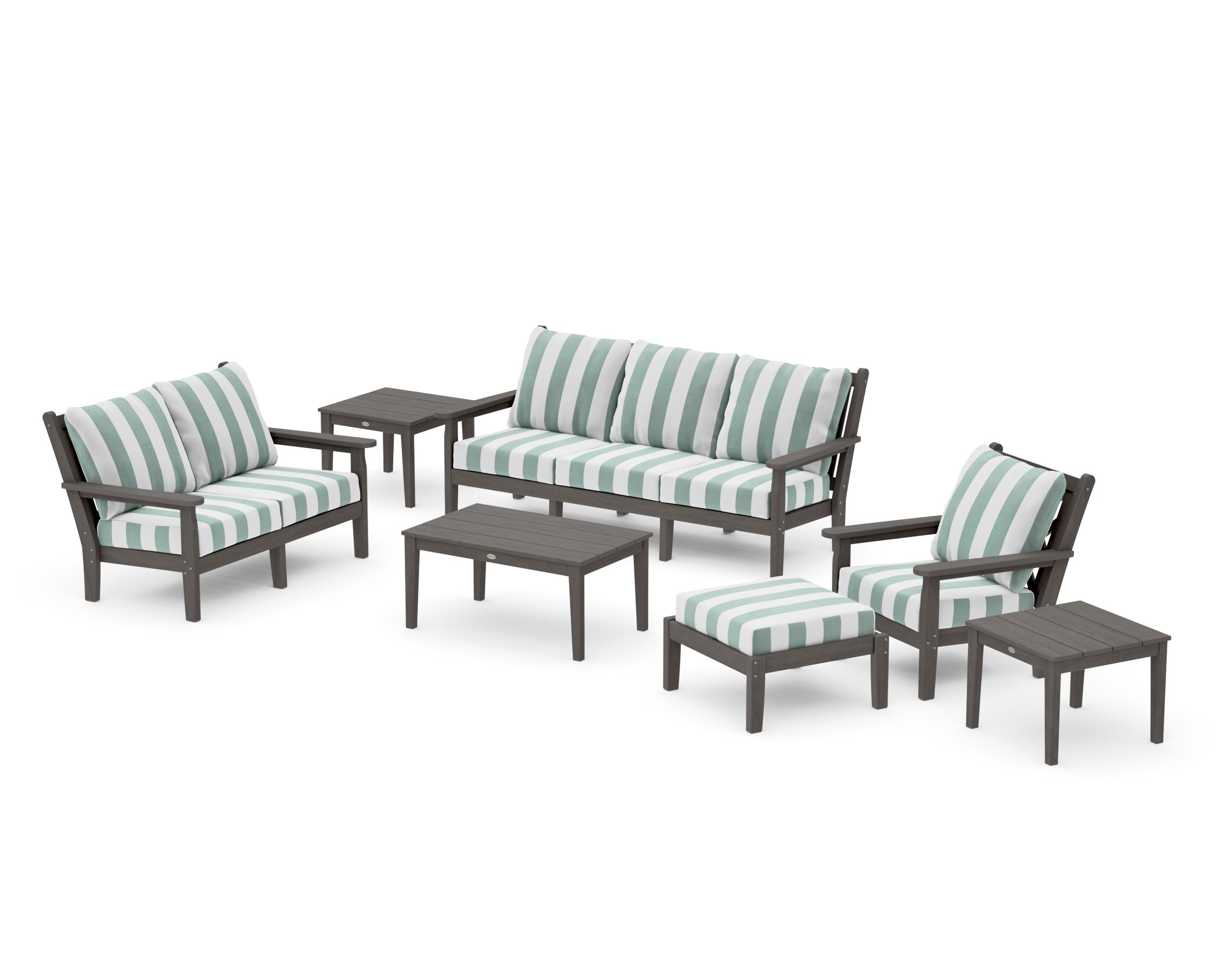 Chippendale 7-Piece Deep Seating Set in Driftwood / Cabana Stripe Glacier Spa