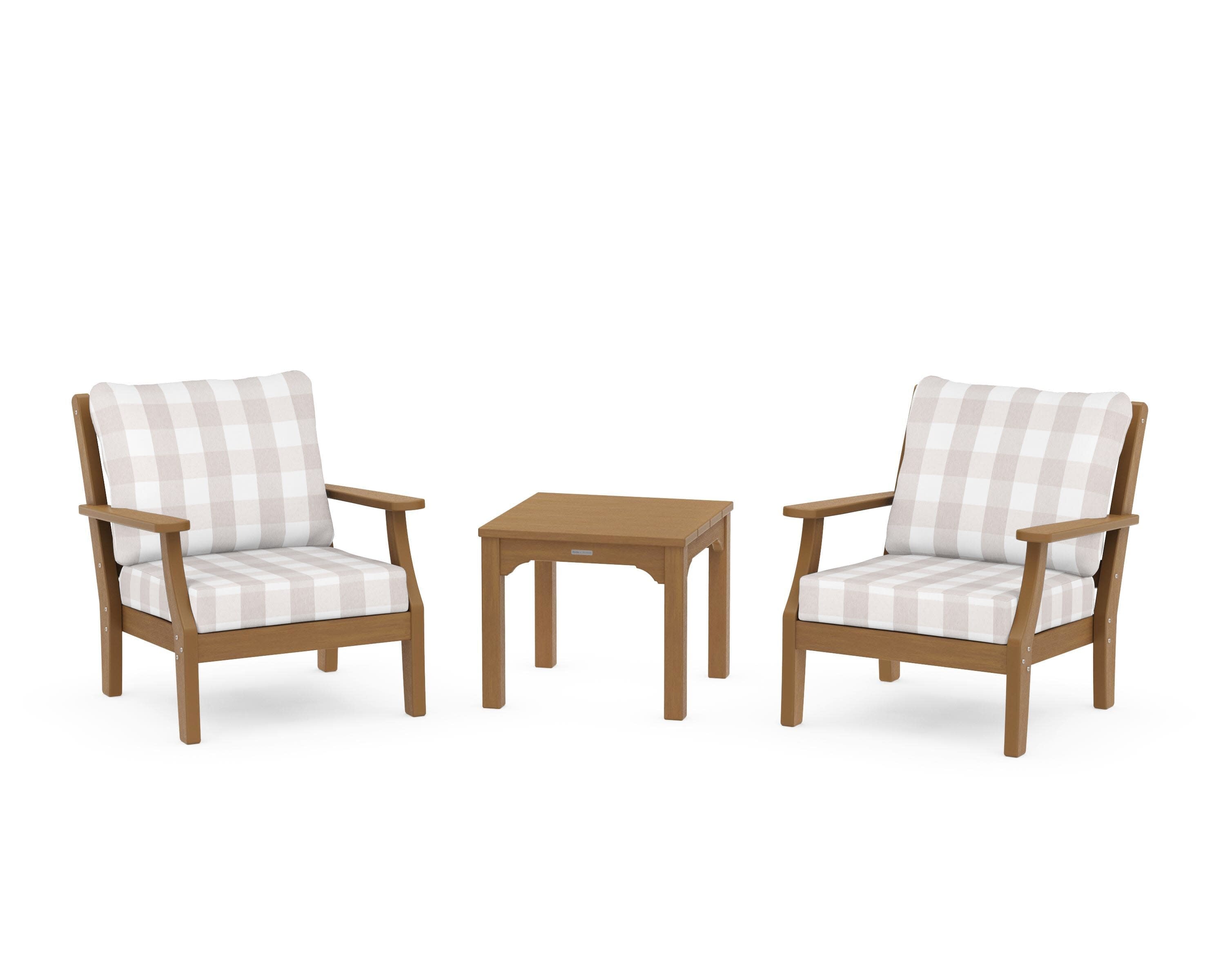 Chinoiserie 3-Piece Deep Seating Set in Natural / Buffalo Plaid Dune Burlap