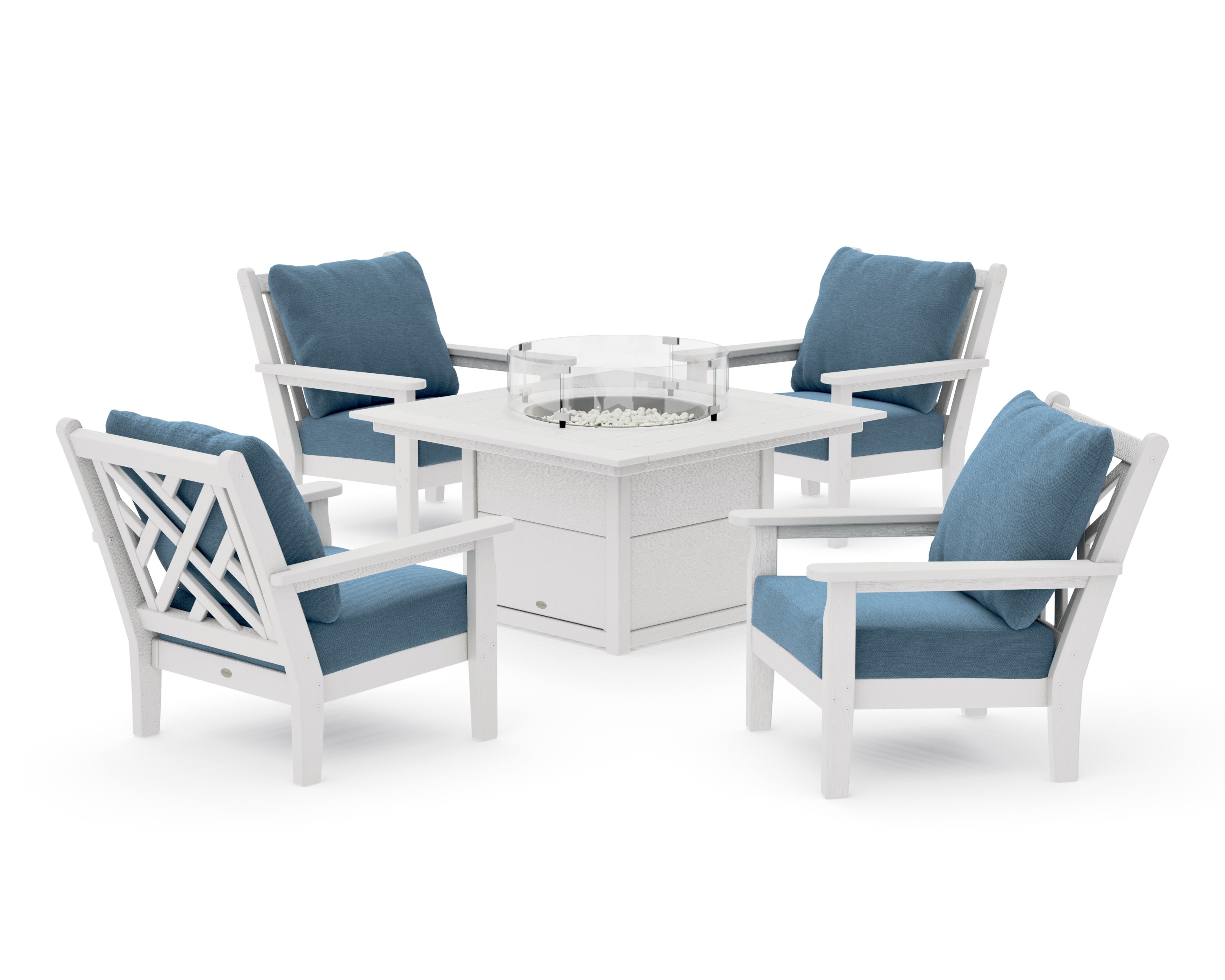 Chippendale 5-Piece Deep Seating Set with Fire Pit Table in Vintage White / Sky Blue