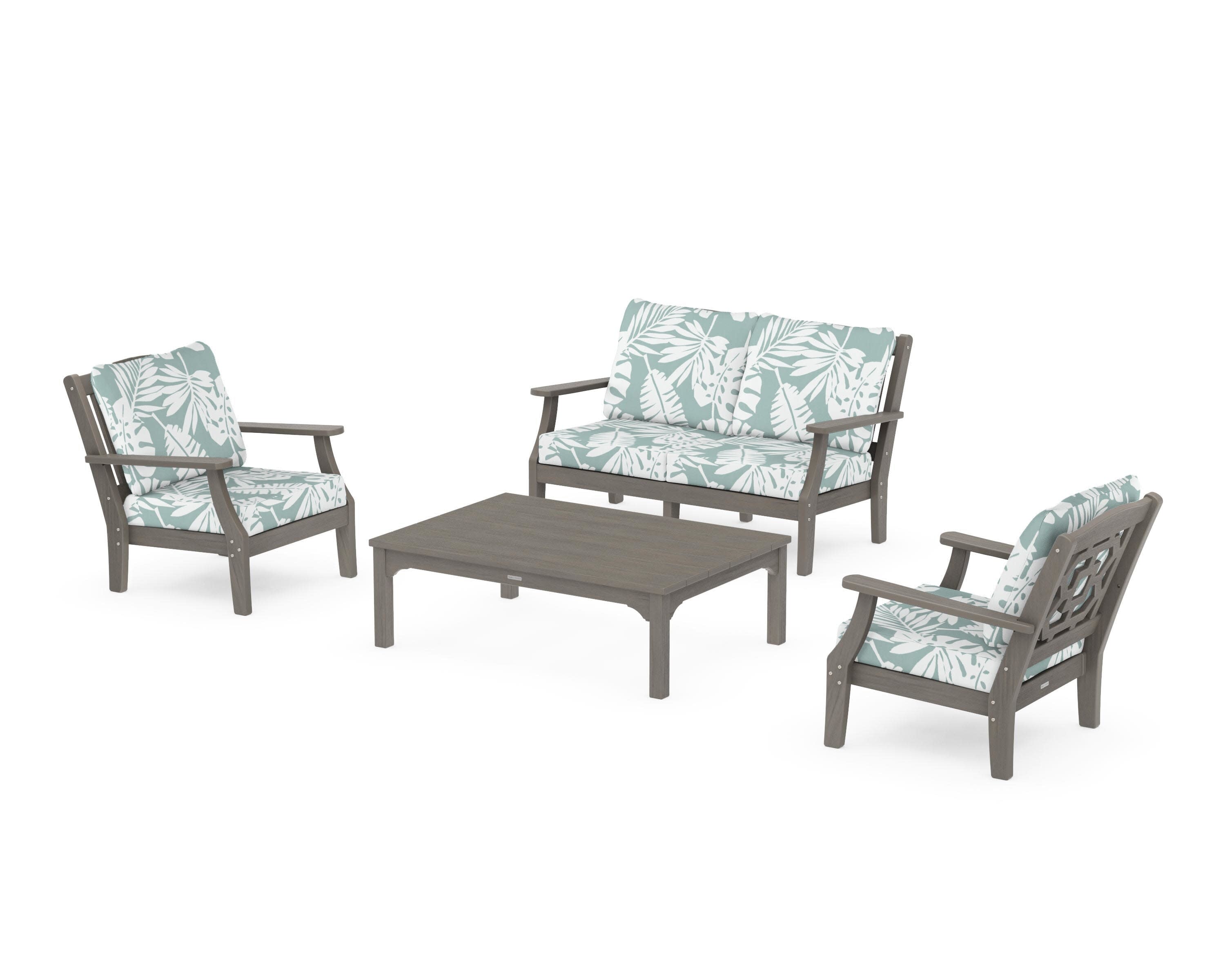 Chinoiserie 4-Piece Deep Seating Set with Loveseat in Driftwood / Leaf Glacier Spa
