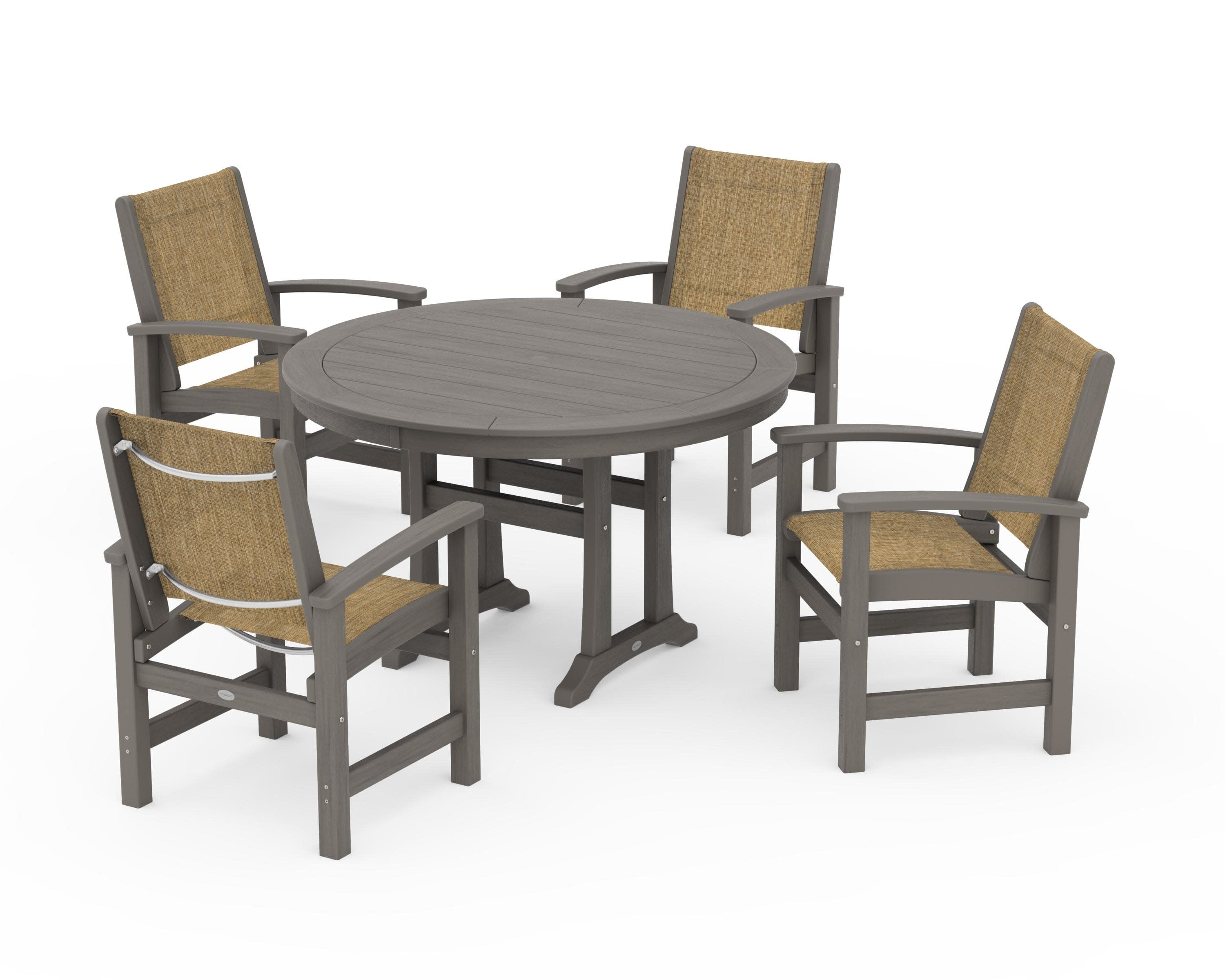 Coastal 5-Piece Round Dining Set with Trestle Legs in Driftwood / Burlap Sling