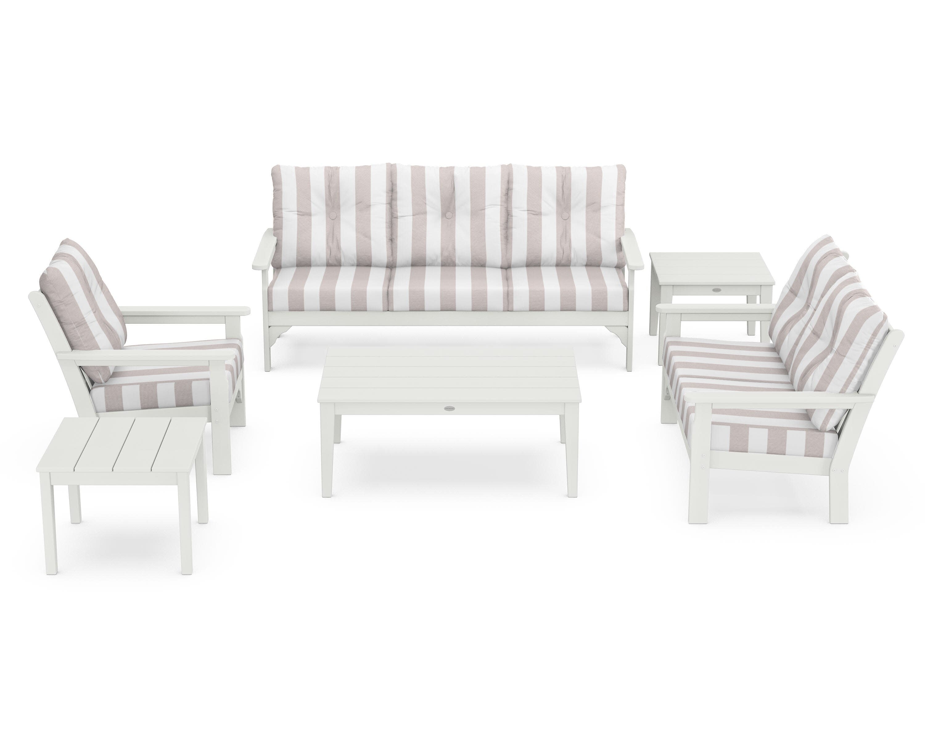 Vineyard 6-Piece Deep Seating Set in Vintage White / Cabana Stripe Dune Burlap