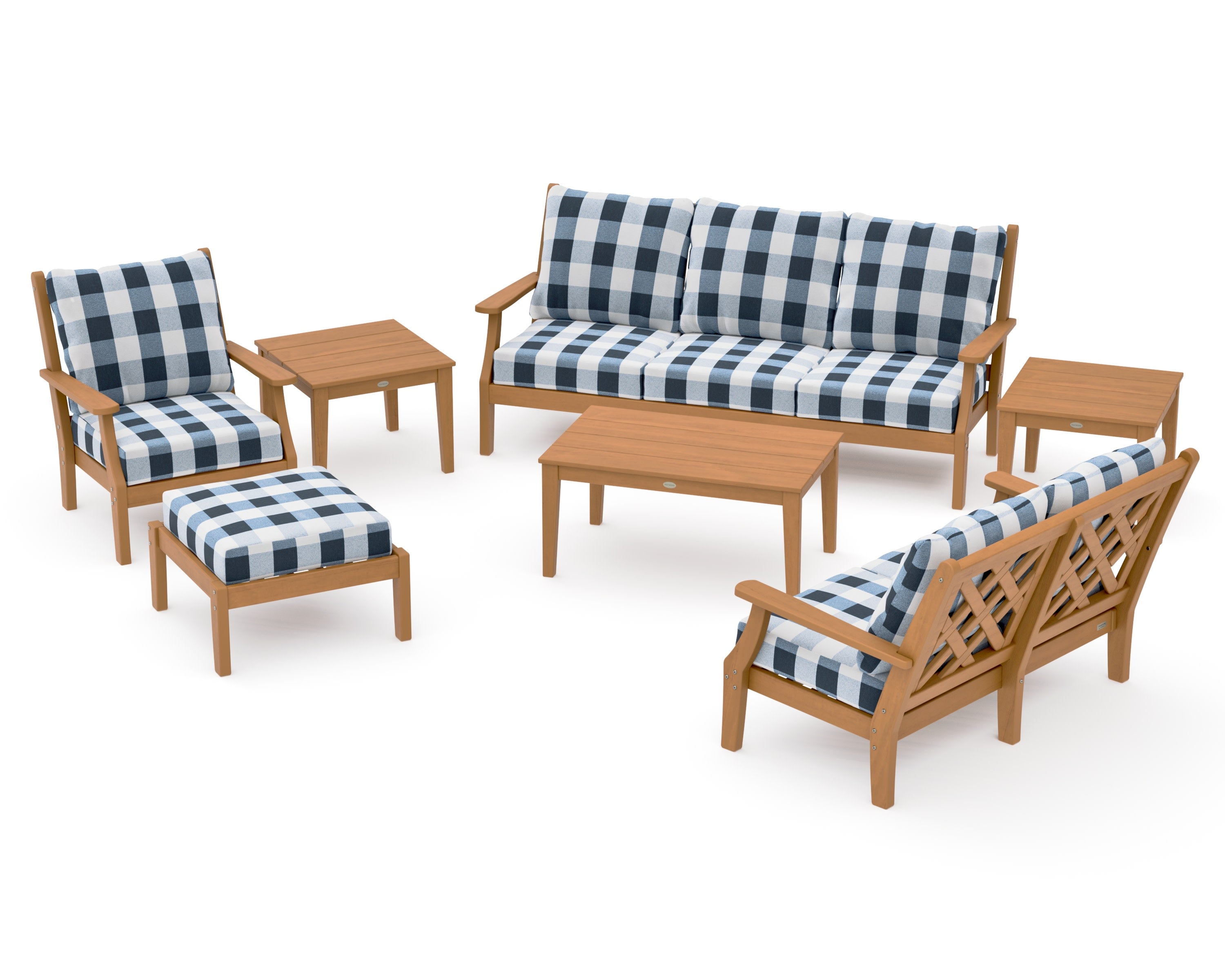 Wovendale 7-Piece Deep Seating Set in Natural / Buffalo Plaid Marine Indigo