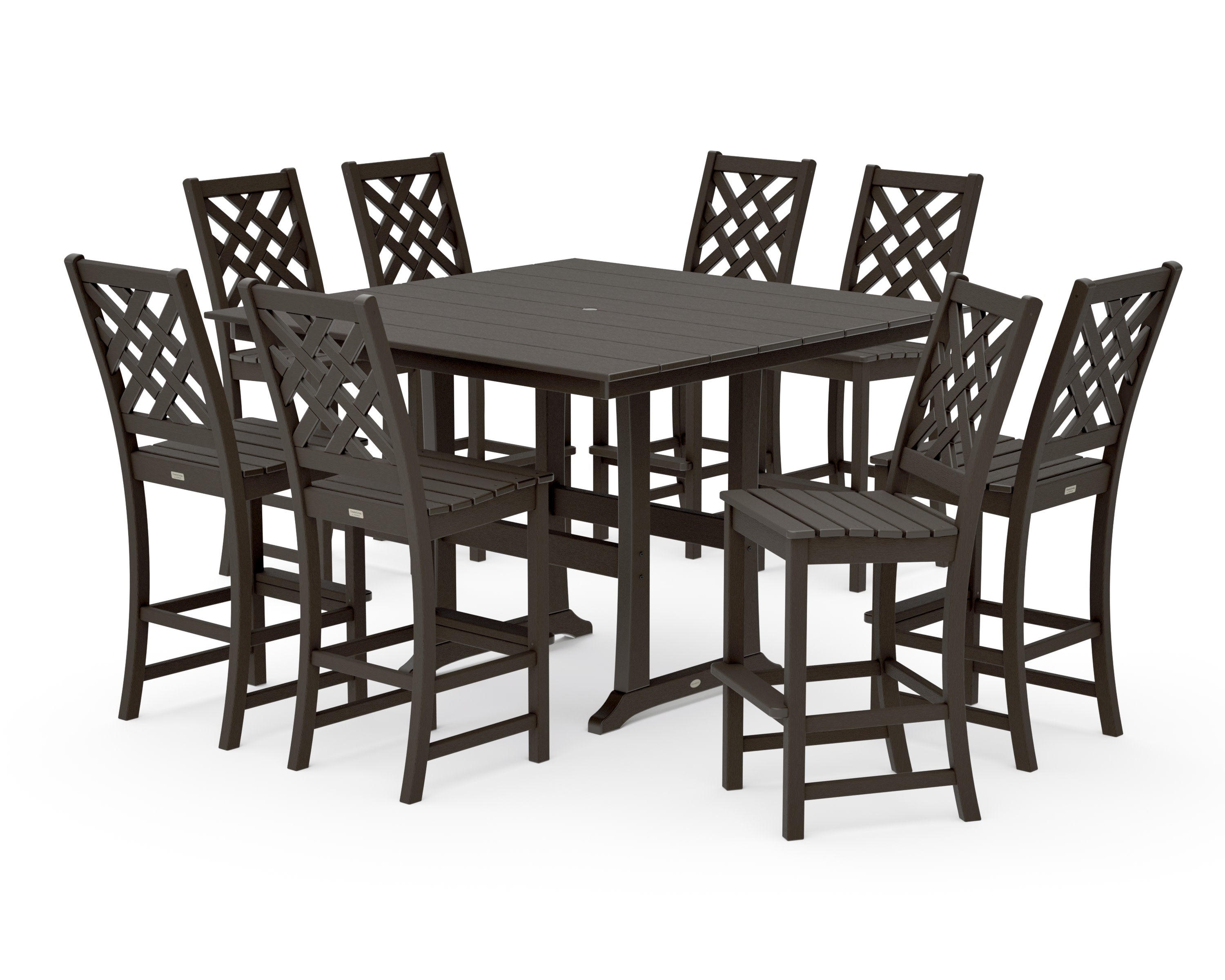 Wovendale Side Chair 9-Piece Square Farmhouse Bar Set with Trestle Legs in Vintage Coffee