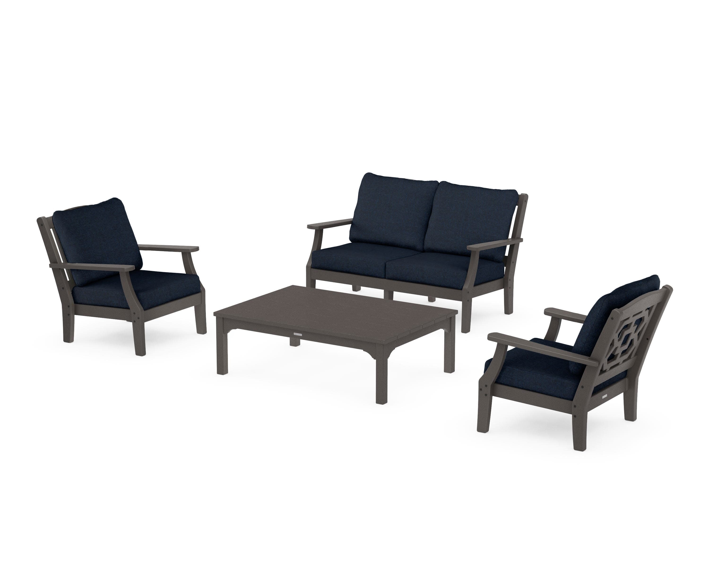 Chinoiserie 4-Piece Deep Seating Set with Loveseat in Vintage Coffee / Marine Indigo