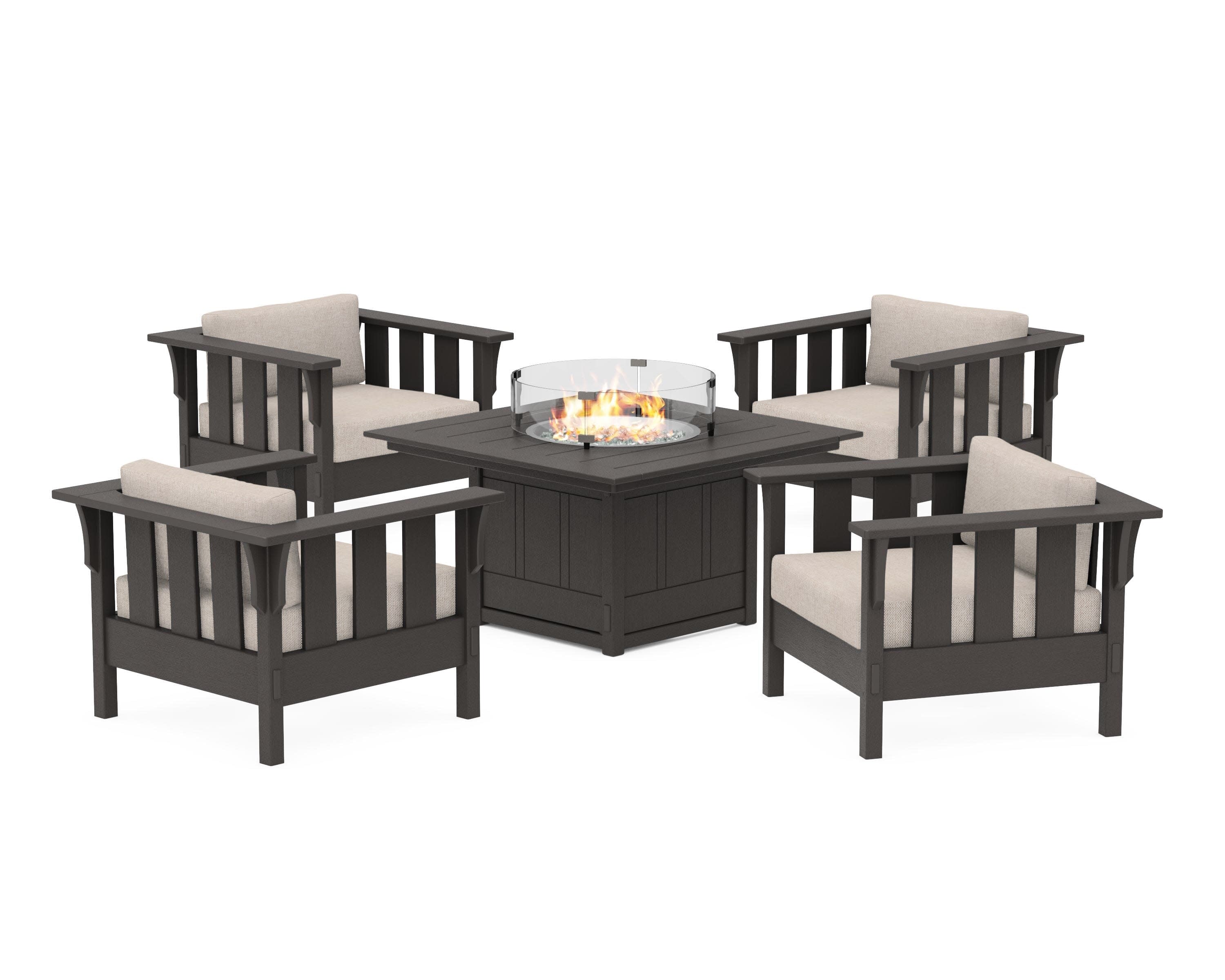 Acadia 5-Piece Deep Seating Set with Fire Pit Table in Vintage Coffee / Blend Linen